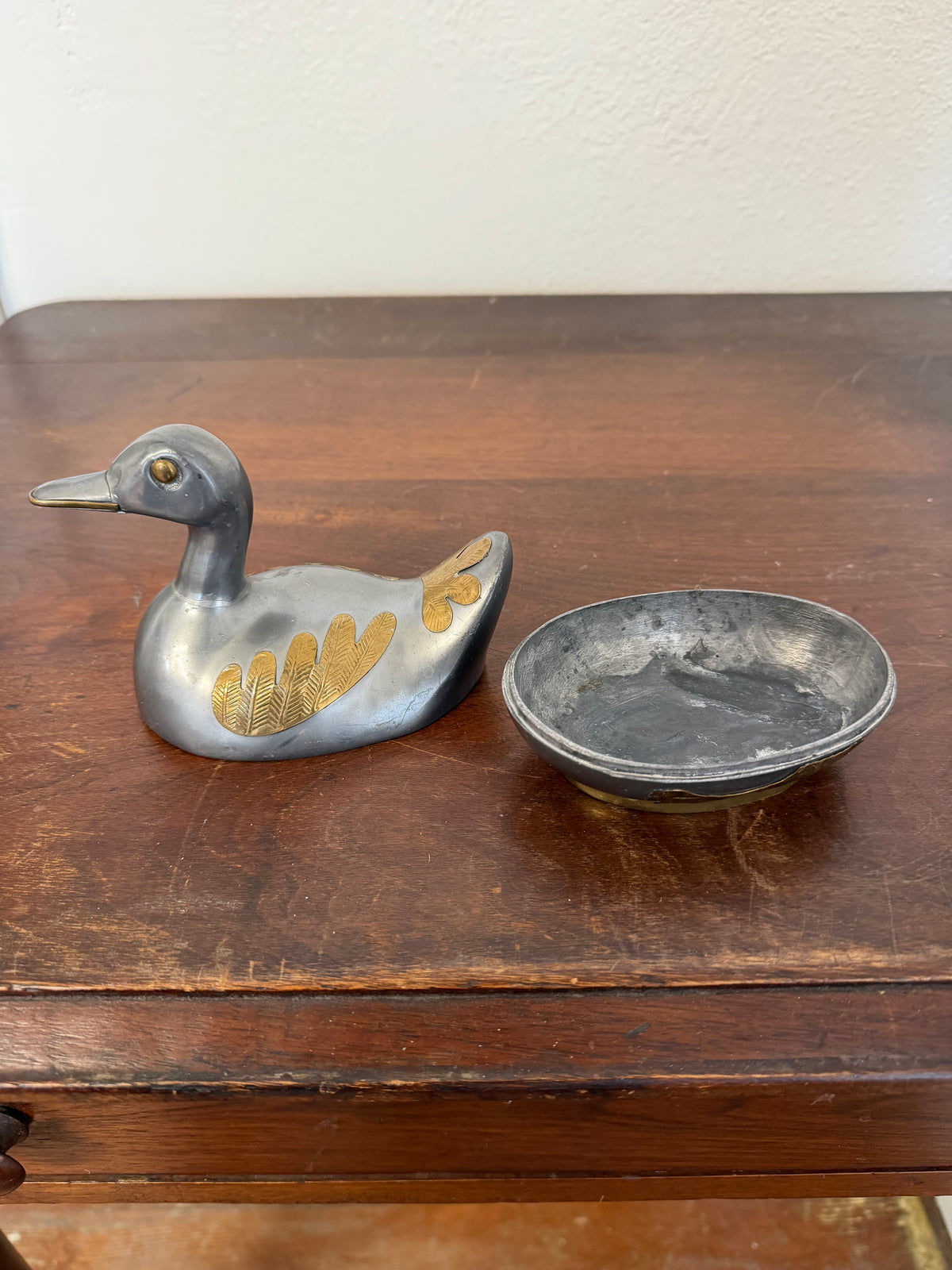 Vintage Pewter Brass Inlay Duck Trinket Box
