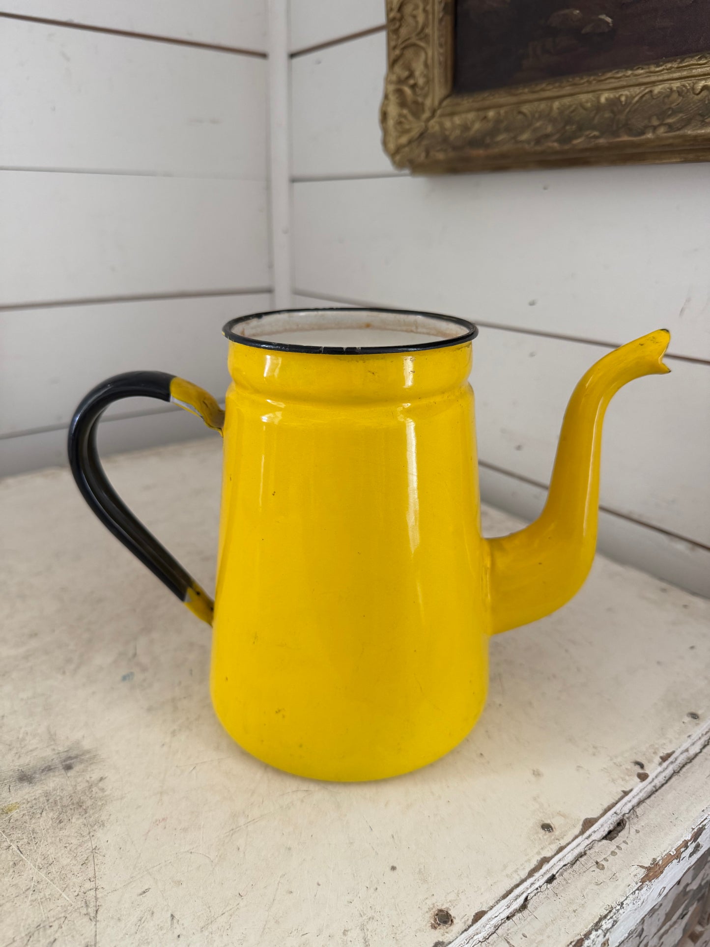 Vintage Yellow and Black Enamel Noda Hora Japan Coffee Teapot Kettle no lid