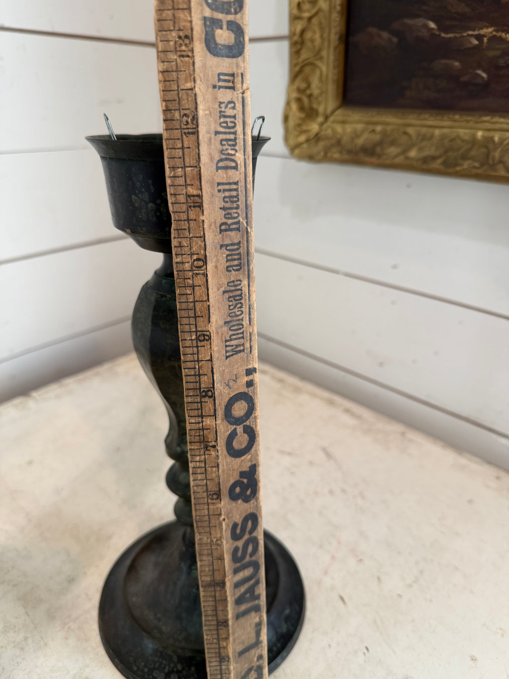 Black solid brass candlestick with patina with globe holder