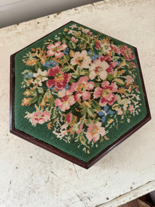 Vintage Upholstered Footstool, Hexagonal Handmade Tapestry Small Stool, Short Solid Wood Stool, Vintage Antique Victorian Floral Embroidery