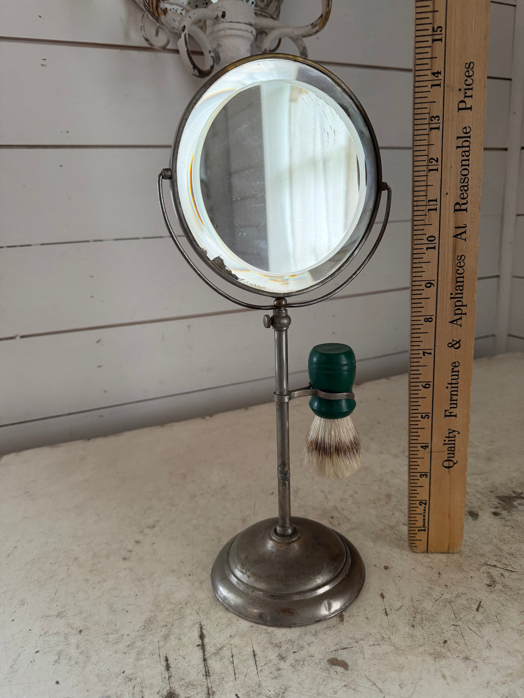 Antique beveled shaving mirror and Brush stand as is