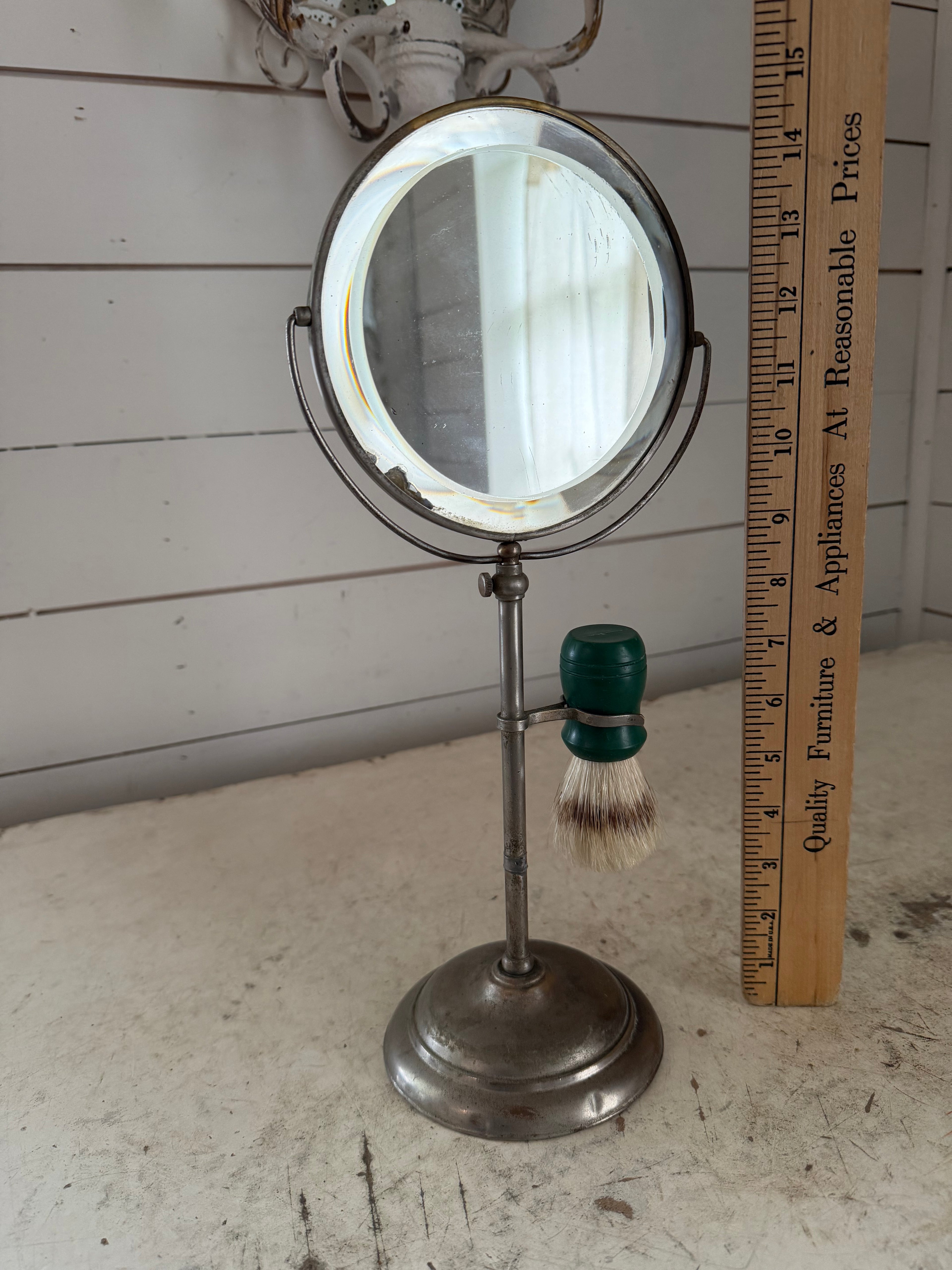Antique beveled shaving mirror and Brush stand as is