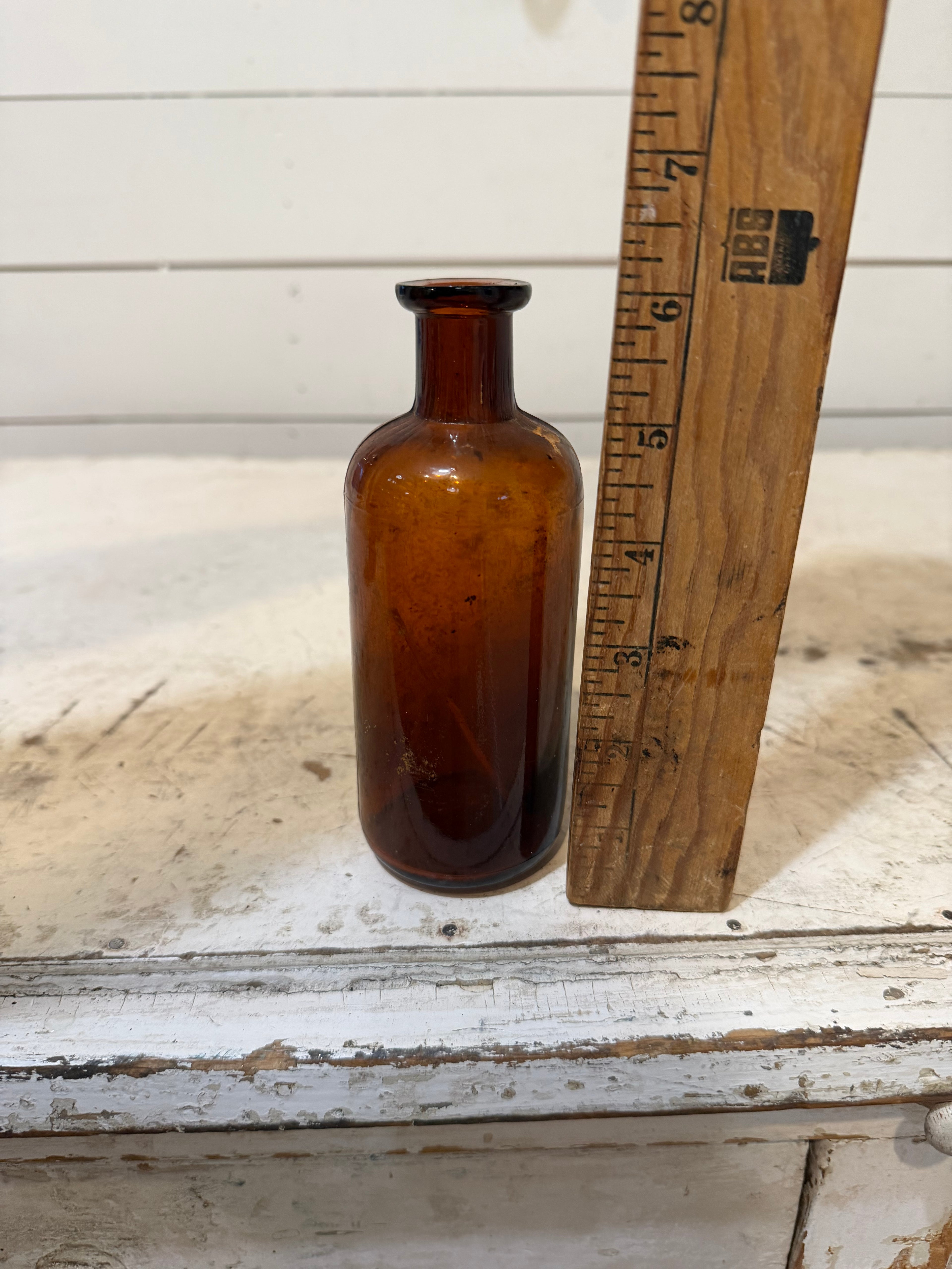 Vintage Amber Glass Medicine Bottle - No Stopper