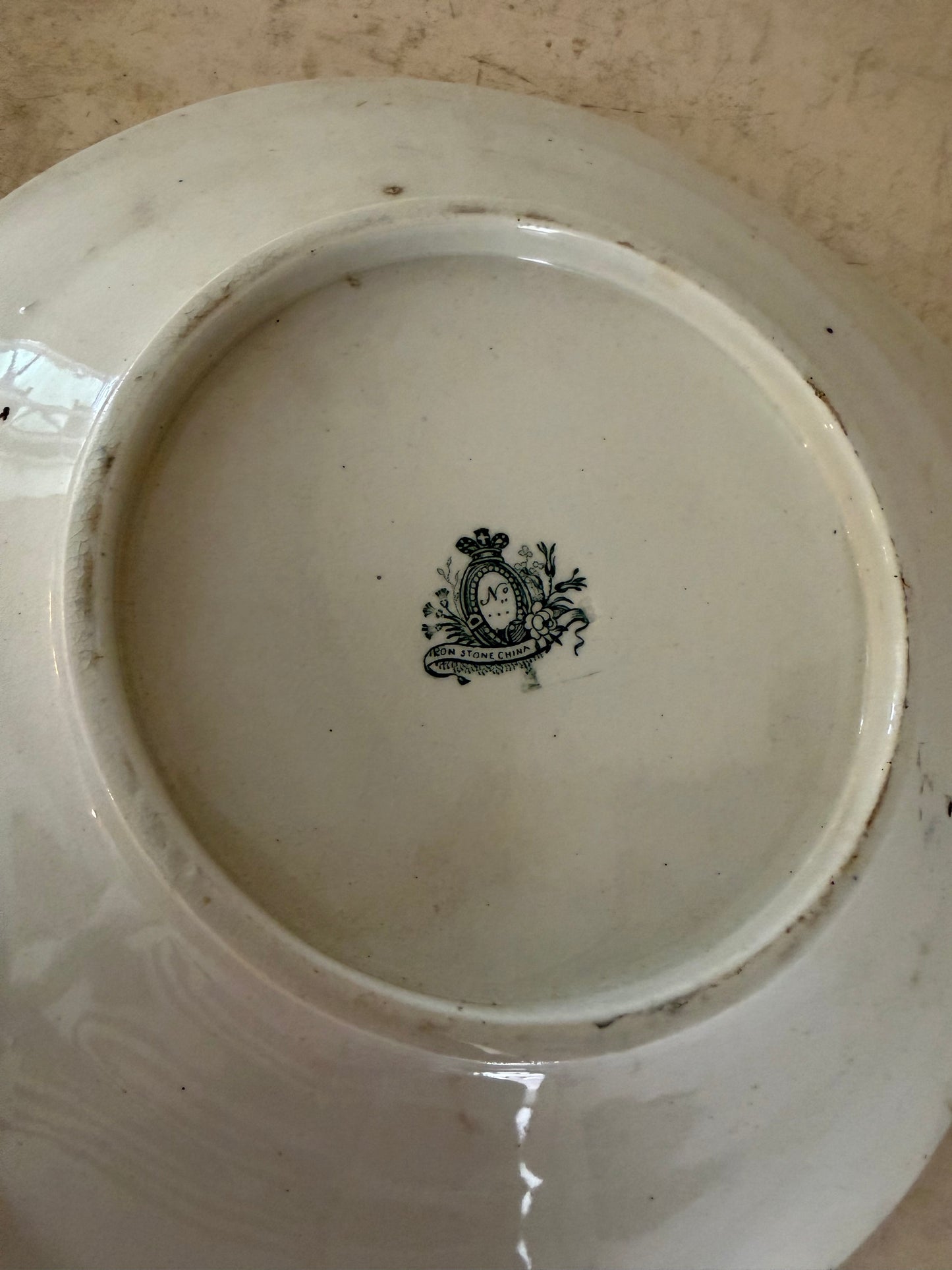 Antique Victorian Ironstone Platter, Dark Brown & White Transferware Green and White