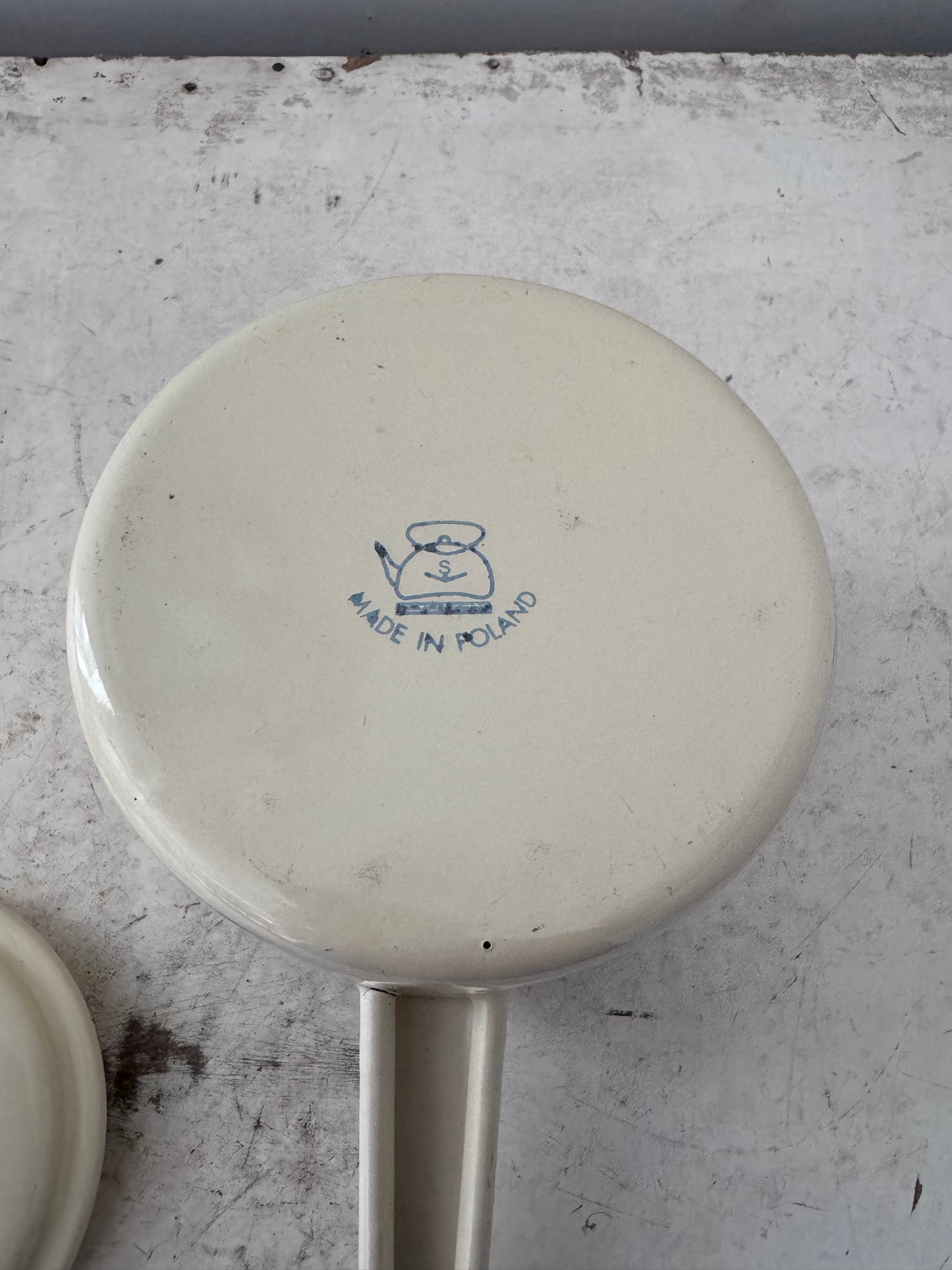 Cream and Blue Enamel Double Boiler Made in Poland