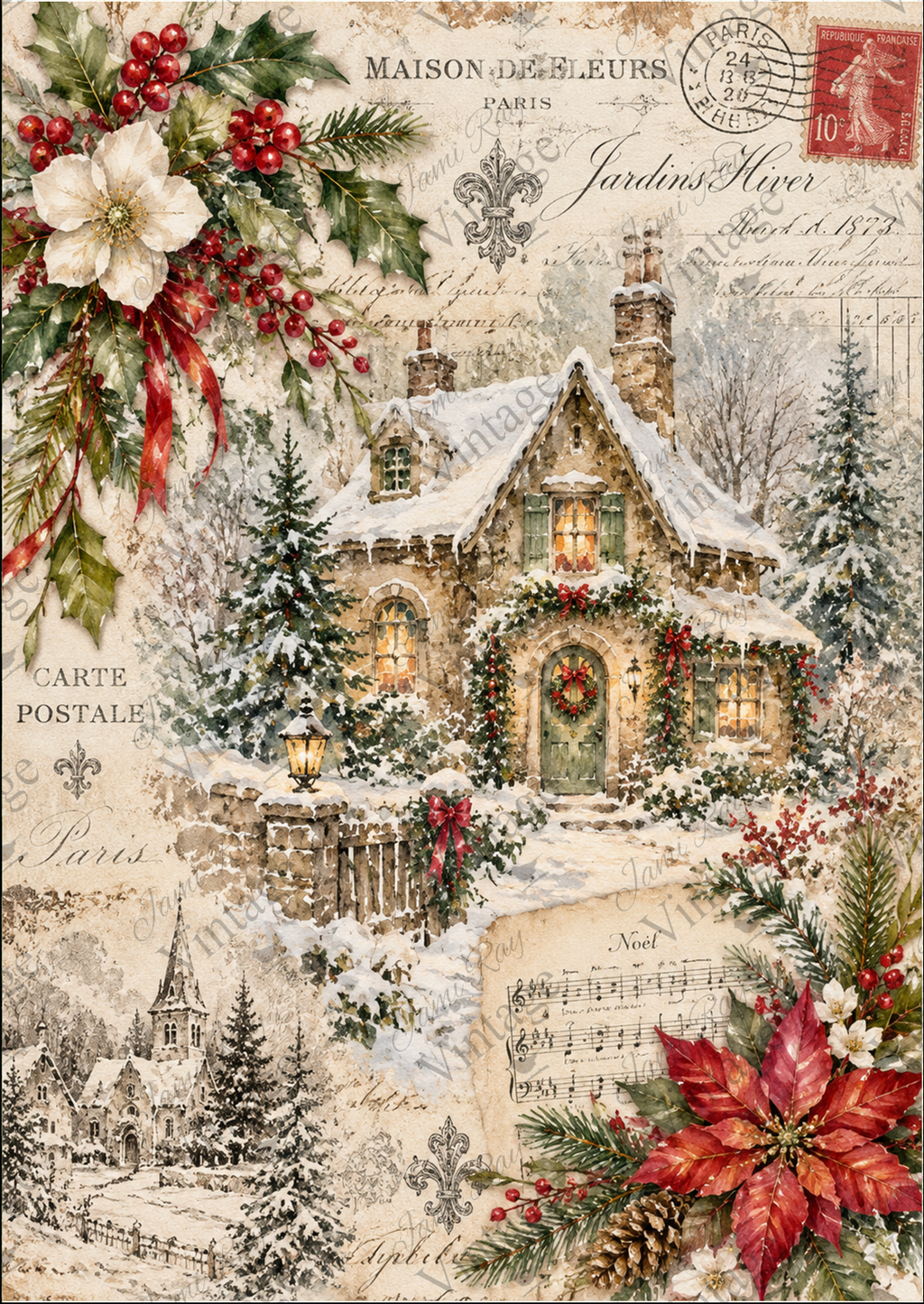 French-inspired Christmas collage with a snowy cottage, vintage postage, script, sheet music, poinsettias, and holly.