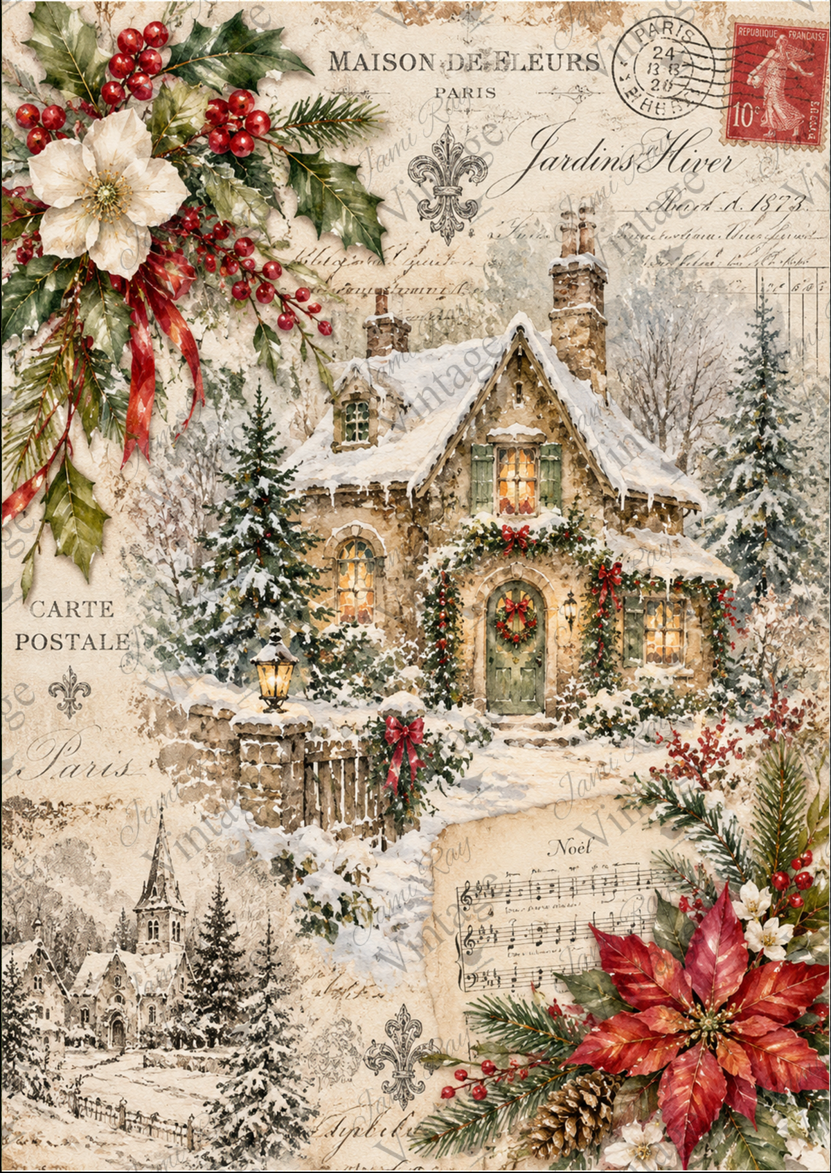 French-inspired Christmas collage with a snowy cottage, vintage postage, script, sheet music, poinsettias, and holly.