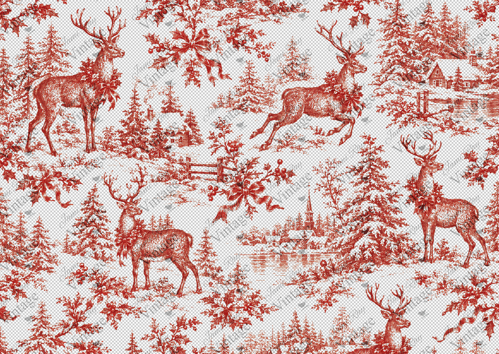 Red toile-style stags and deer among winter trees, holly, berries, bows, and village details.