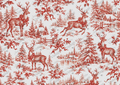 Red toile-style stags and deer among winter trees, holly, berries, bows, and village details.