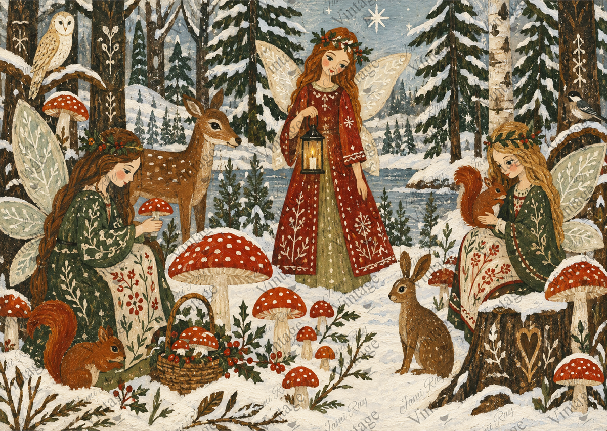 Winged fairies with deer, rabbits, squirrels, owls, and mushrooms in a snowy woodland.