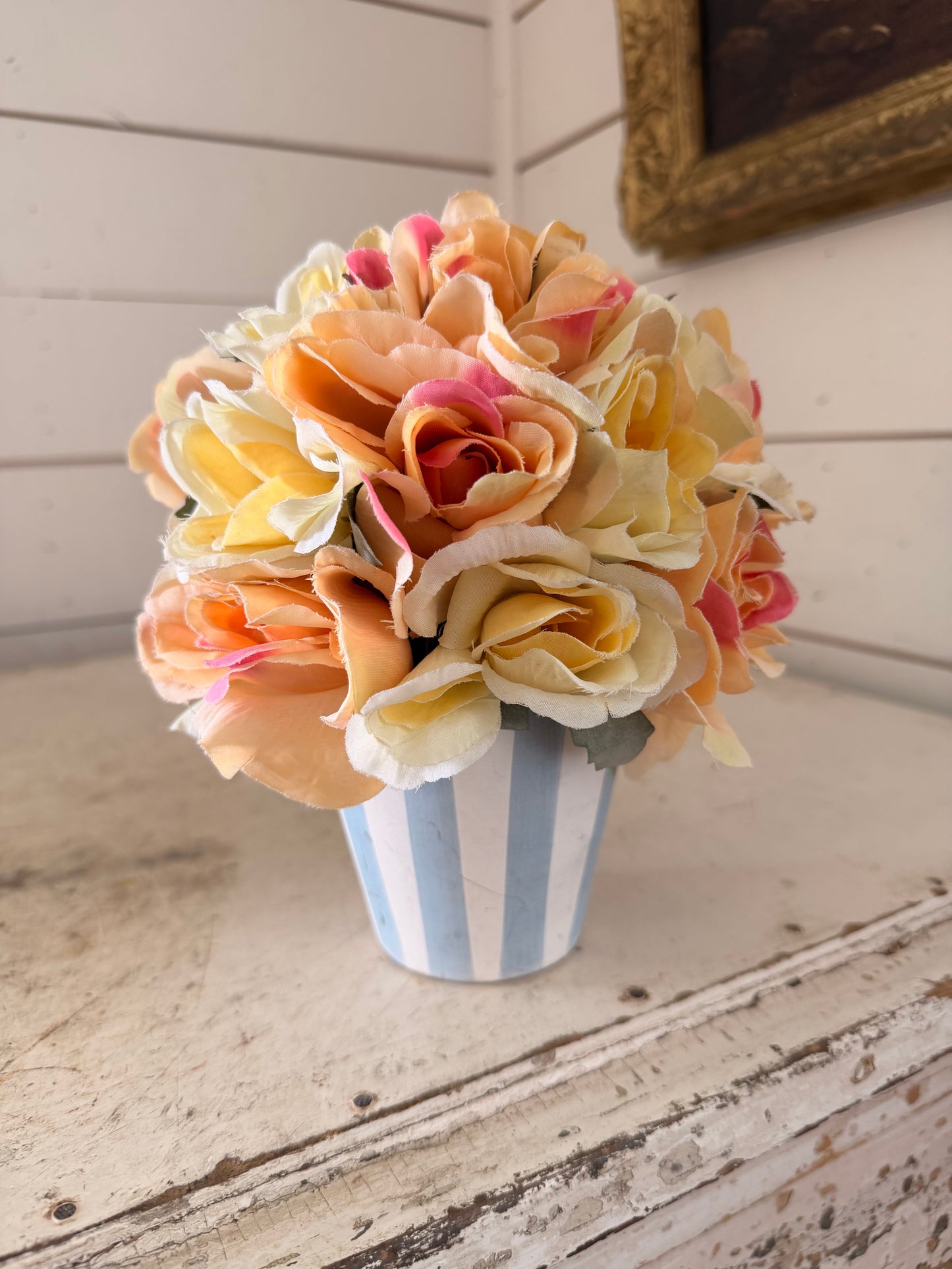 Cream and Pink Rose Bouquet in a Blue and White Striped Planter Will get makeover - tag took the paint off