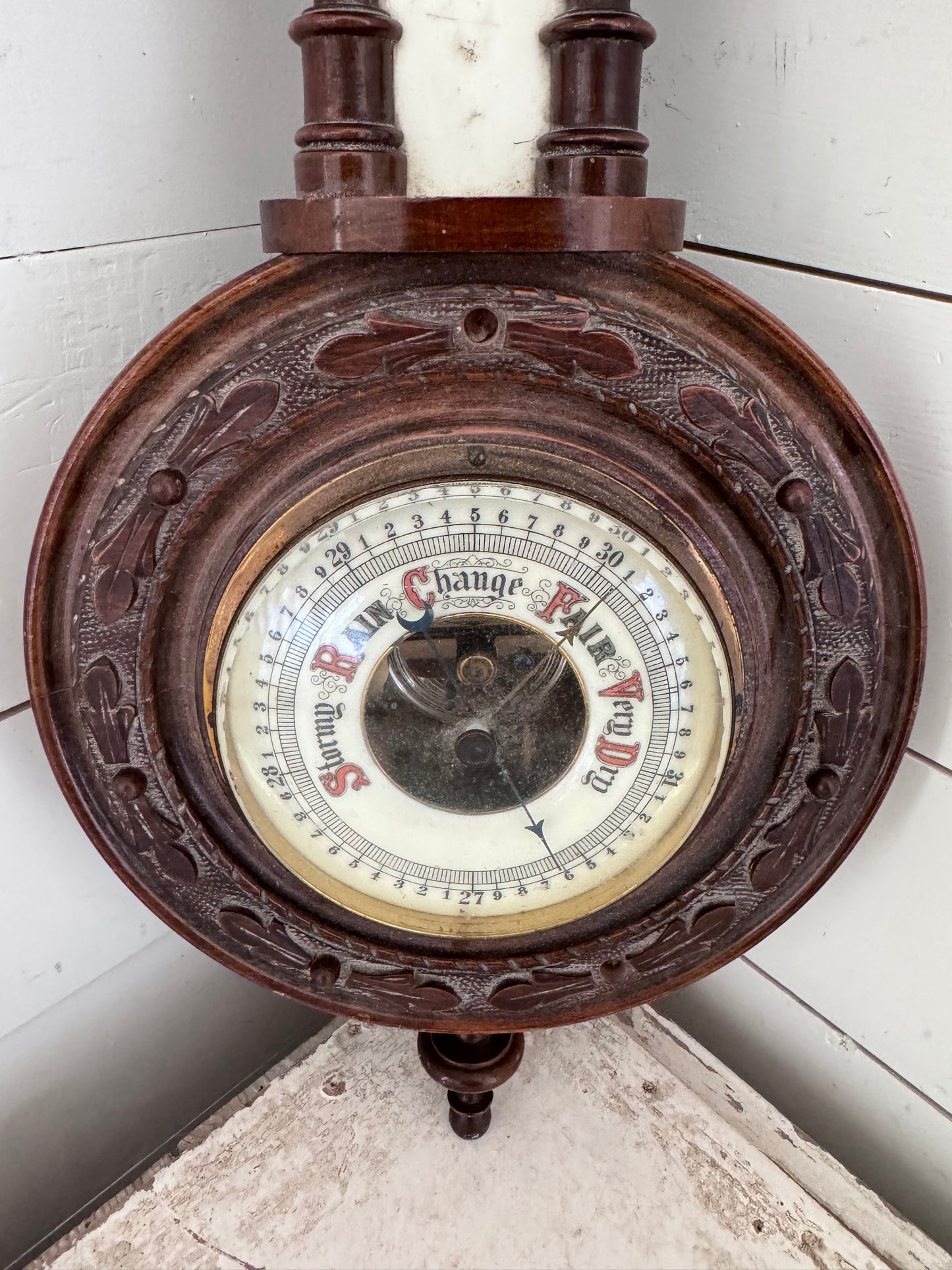 Antique Victorian Handcarved Walnut Aneroid Wheel Barometer - Missing thermometer on top