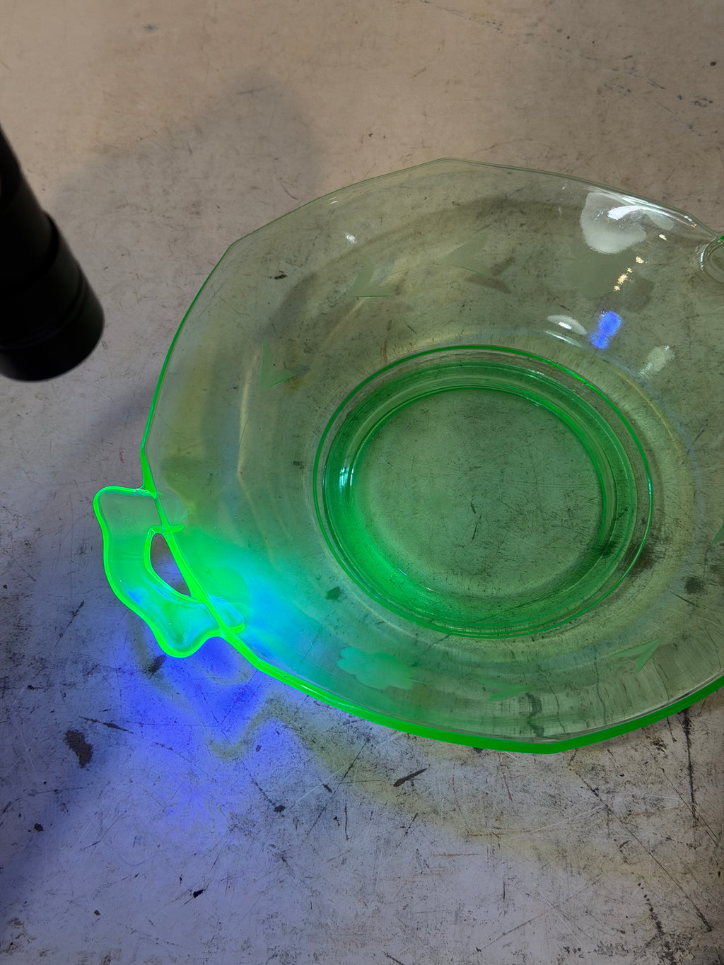 Antique Uranium Green Glass With etching and Handles