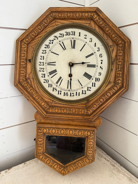 Antique Ingraham Carved Oak Calendar Regulator Clock - as is missing glass on top we did not check to see if if it works has key