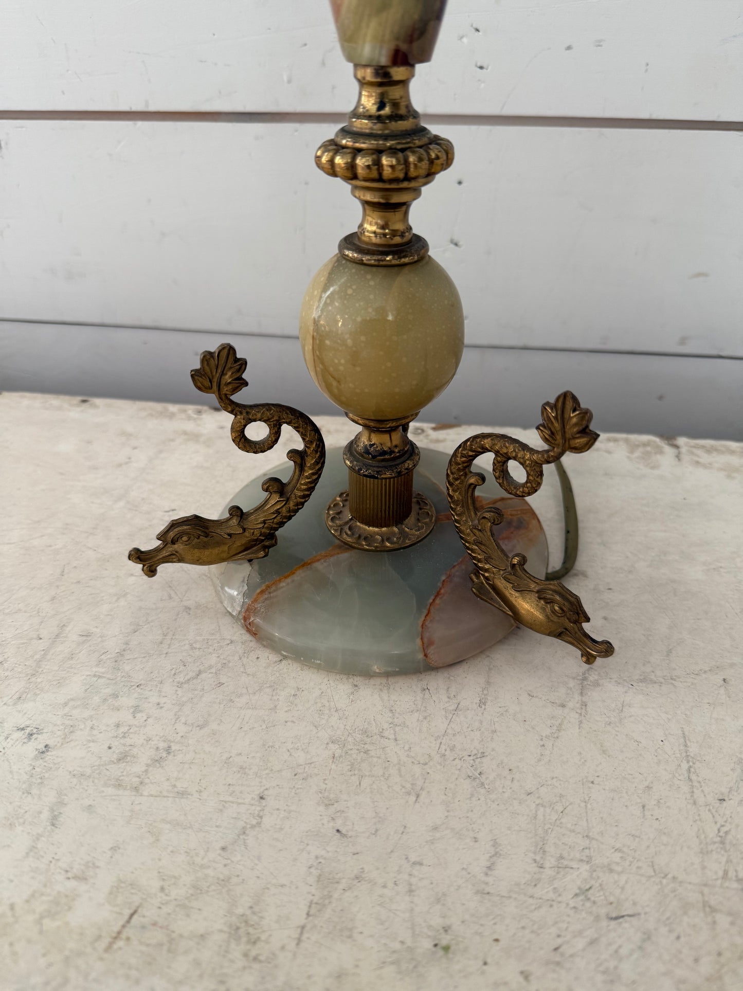 Vintage French onyx marble fish dolphin base table lamp - mid century - would suggest rewiring but it does work