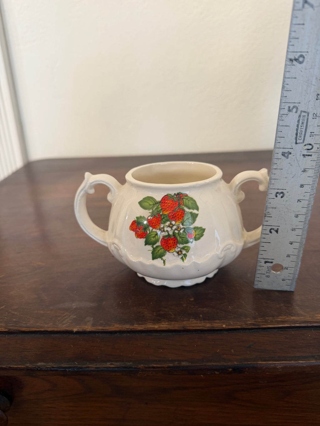 Vintage ceramic double handled sugar dish with Strawberry pattern