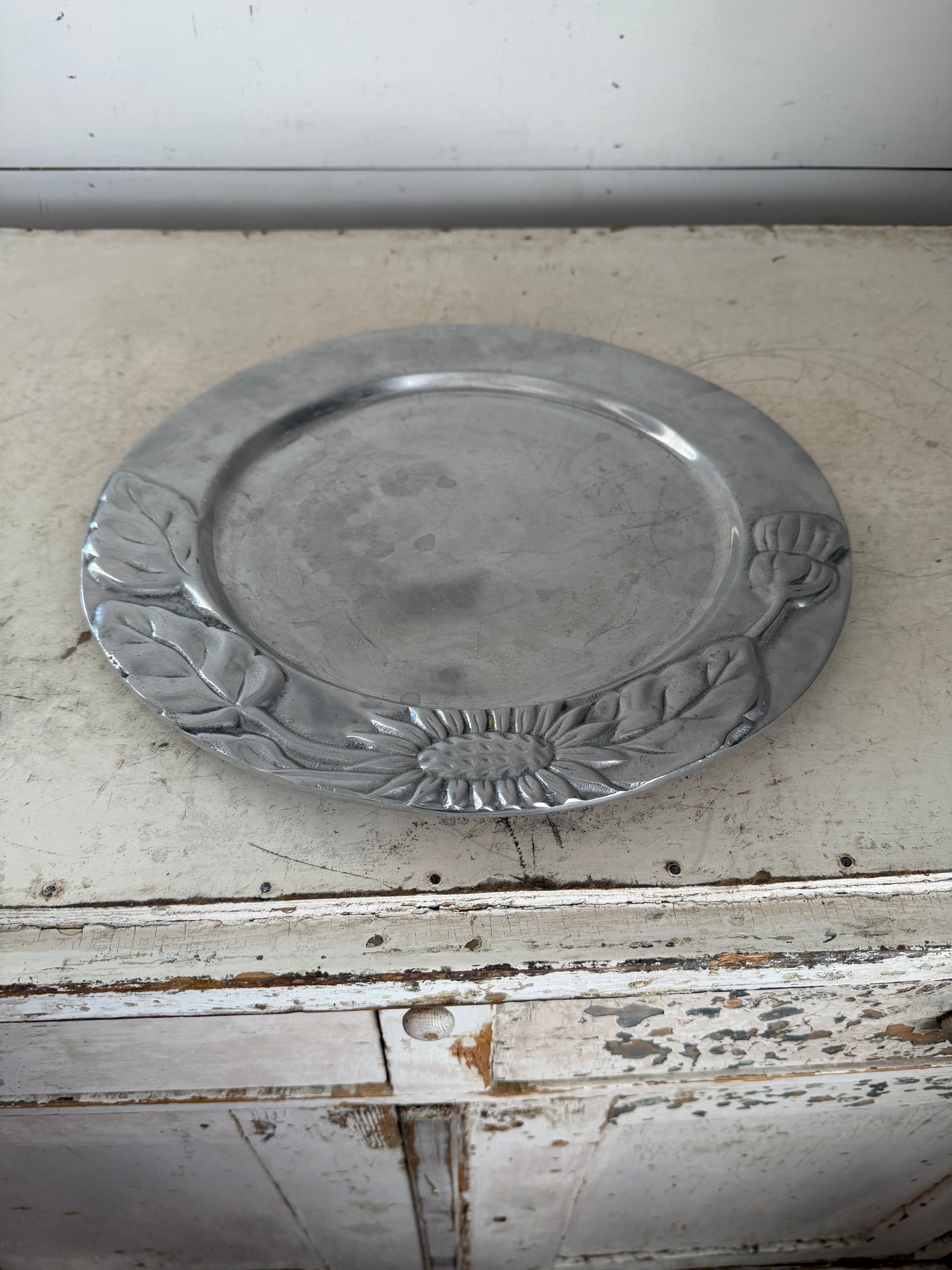 Mexican pewter / aluminum serving platter with a sunflower