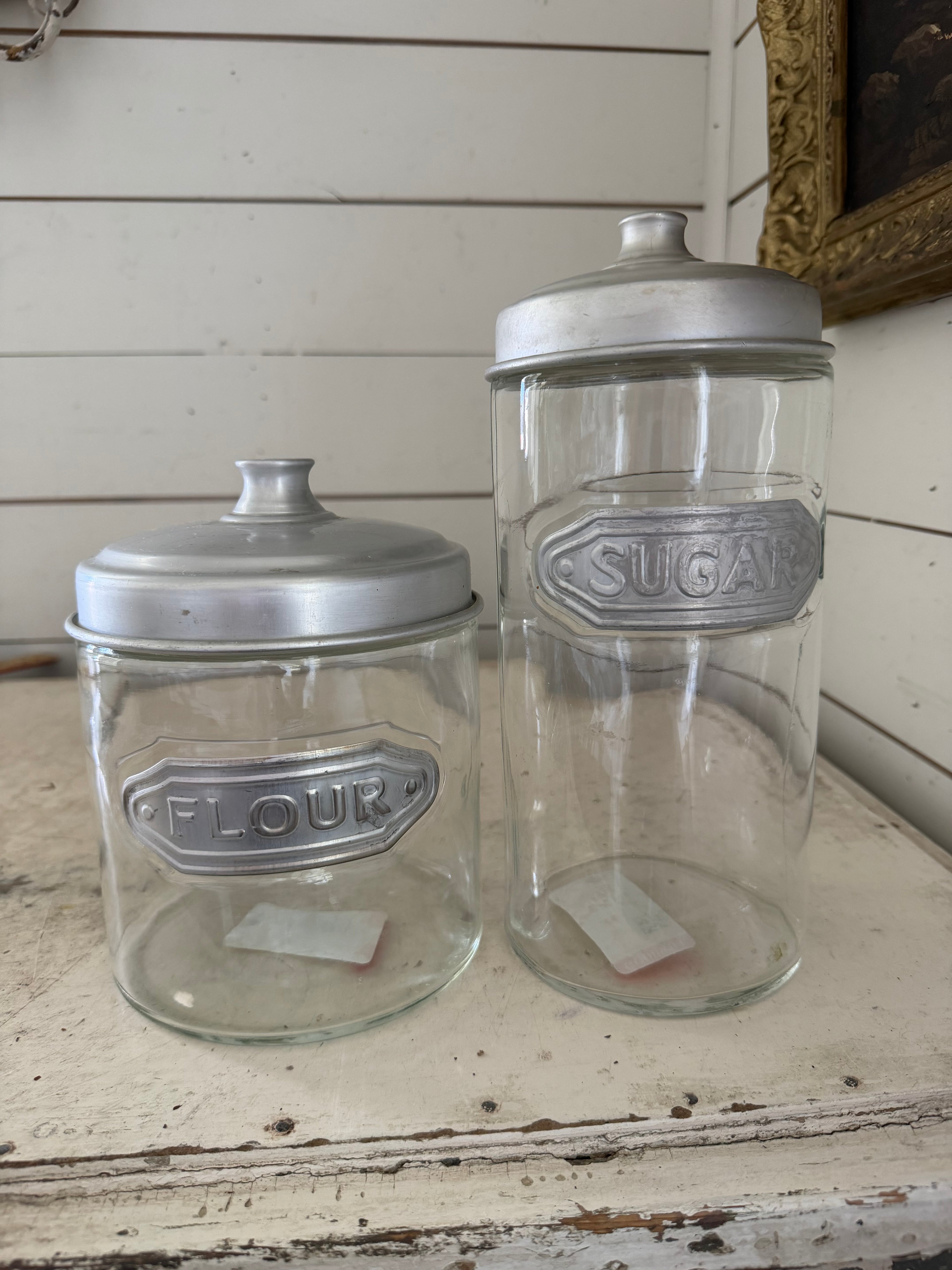 Glass flour and sugar canister set with metal lid