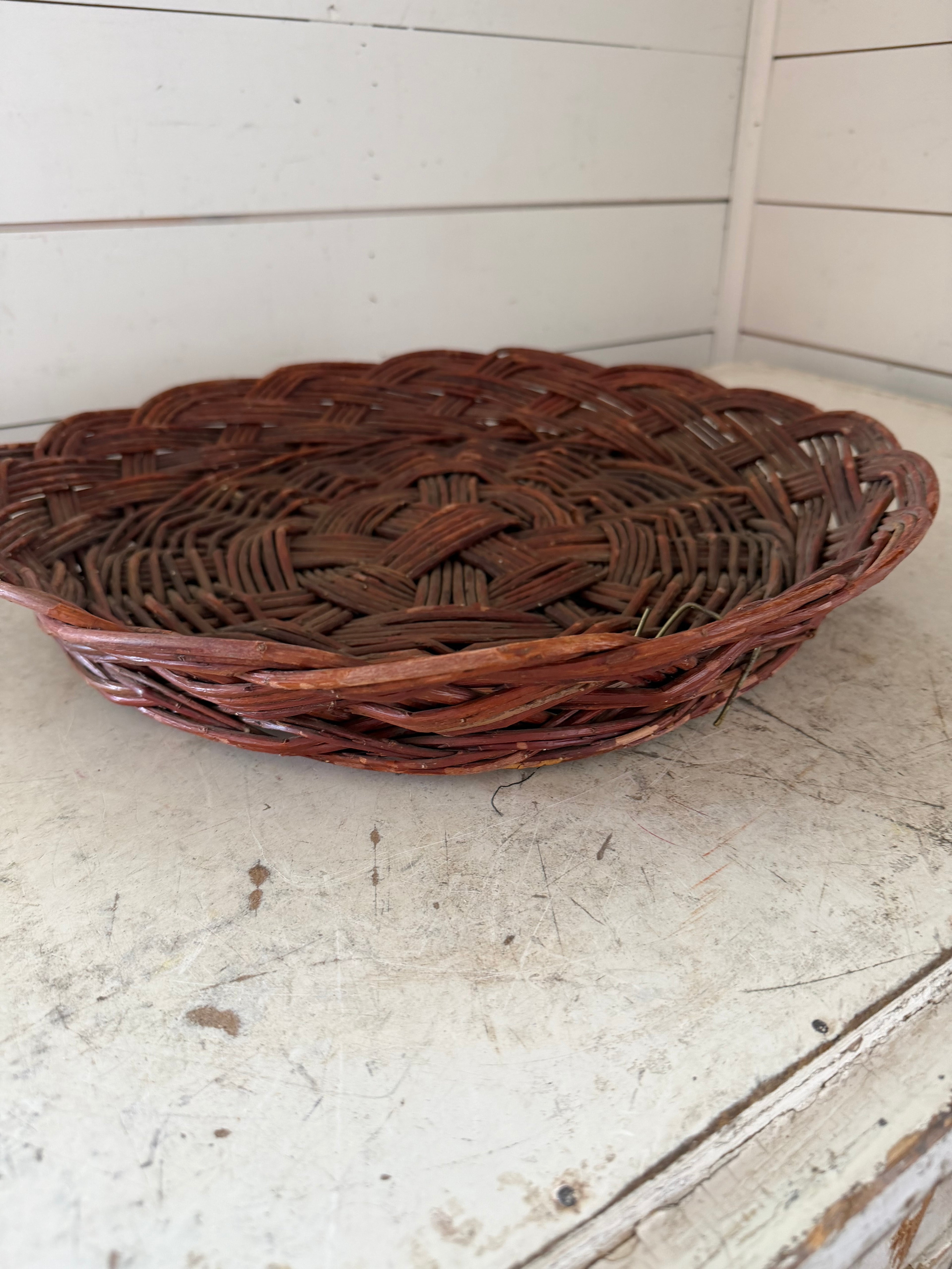 Vintage Brown Wicker Low basket 16-1/2”