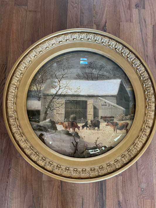 Winter Pastoral Barn Print with Domed glass - Oversized Gold Frame