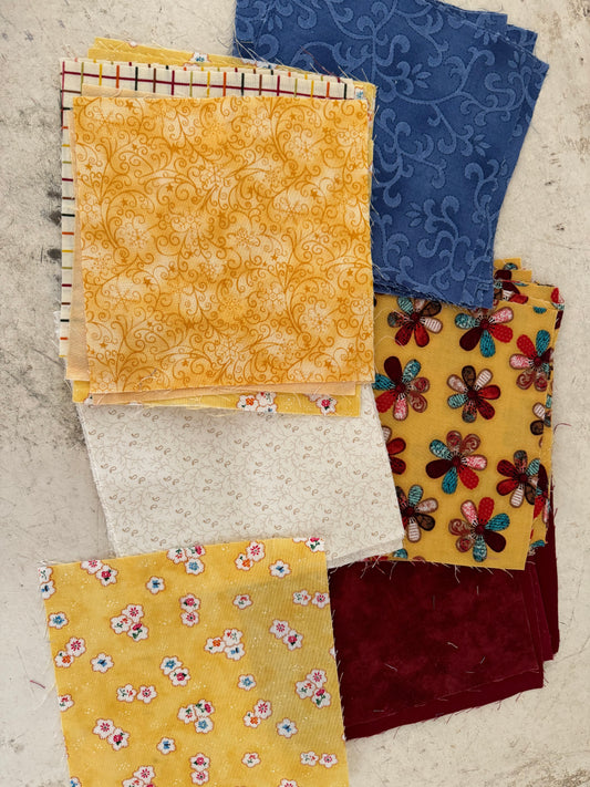 Quilt squares 63 5x5 squares yellow blue and cranberry