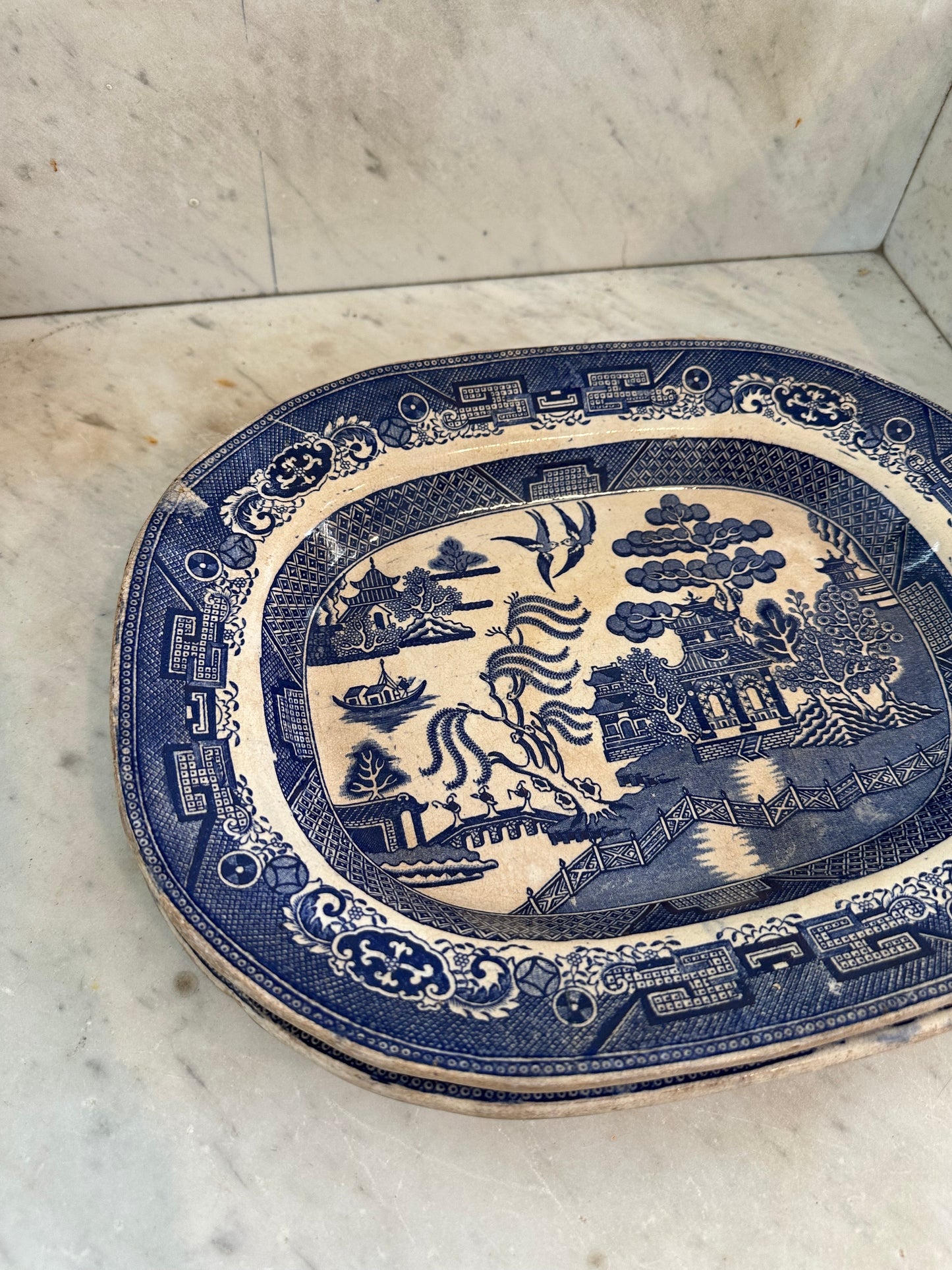 19th-Century Blue & White Blue Willow Chinoiserie Platter - sold individually