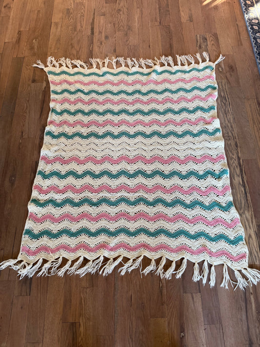 Teal pink and cream fringed Afghan