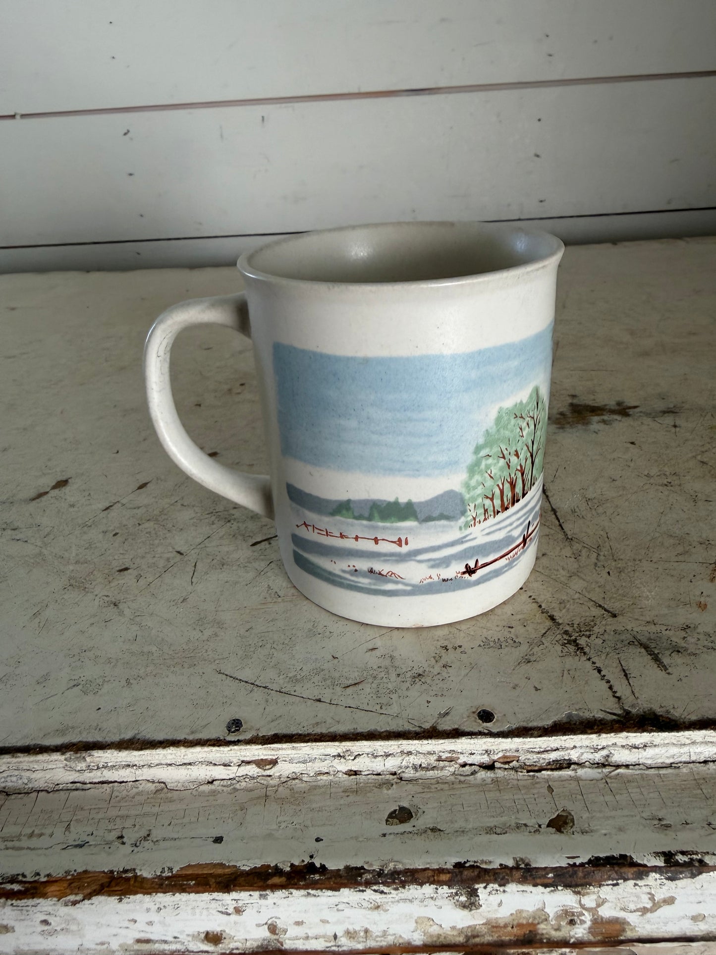 Vintage Sunnycraft Stoneware Mug With Hand Painted Barn Scene
