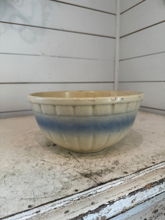 Vintage 1920's RARE 9" Yellowware Crock Stoneware Mixing Bowl with Picket Fence Sides and Blue Horizontal Stripe