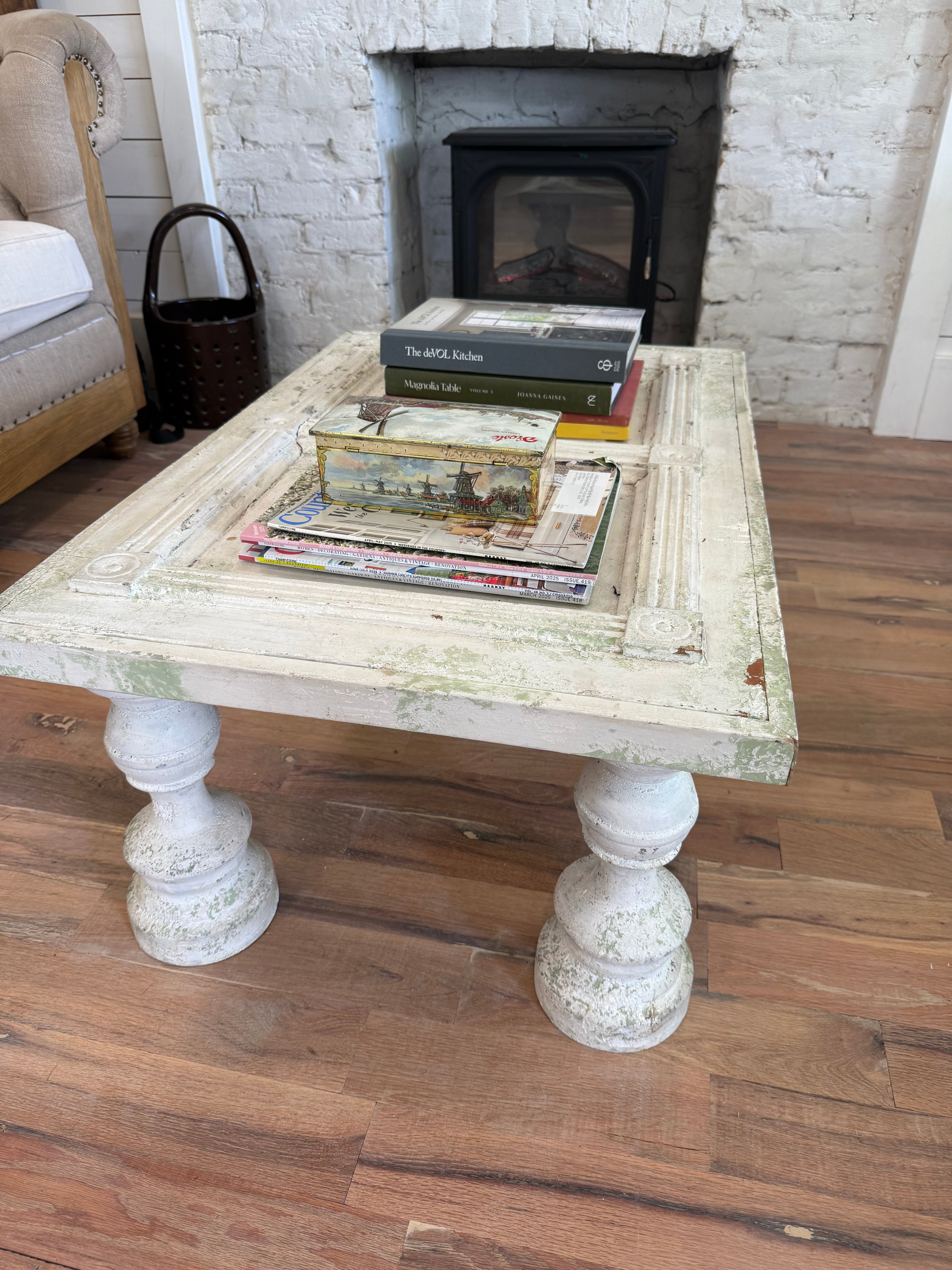 Chippy Custom Old Door Coffee Table with rustic turned legs