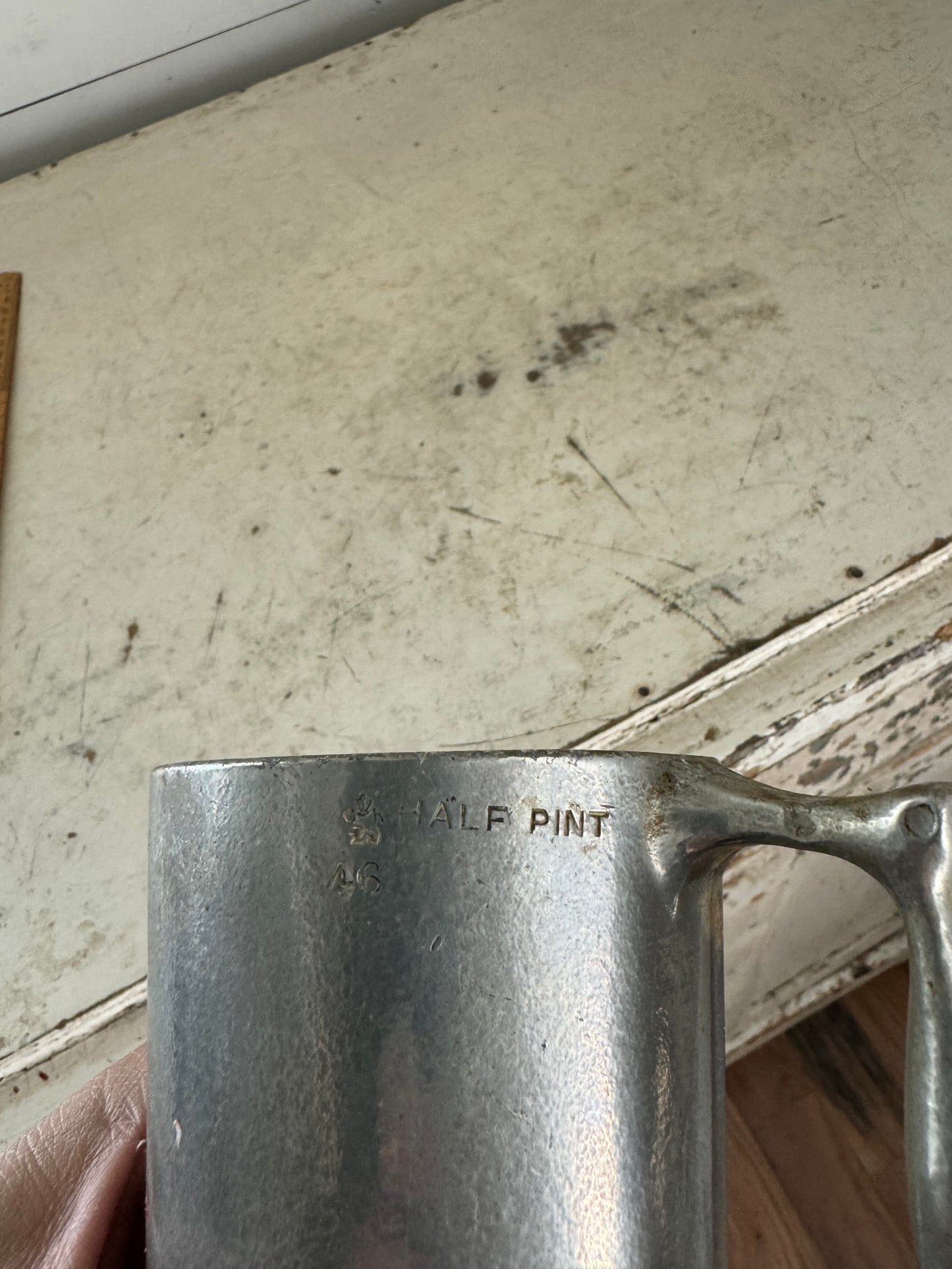 Antique Pewter Tankards– half Pint – have Engraved Kings Crown & Marks