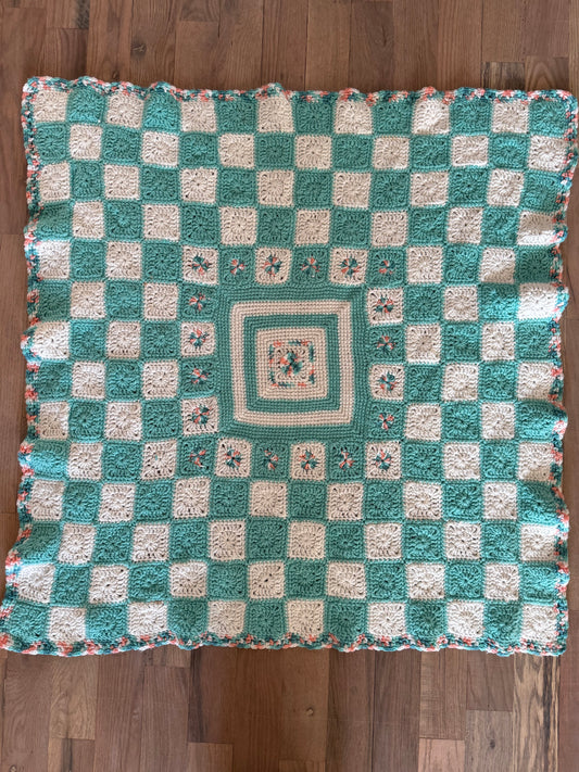 Teal & White Afghan -baby size