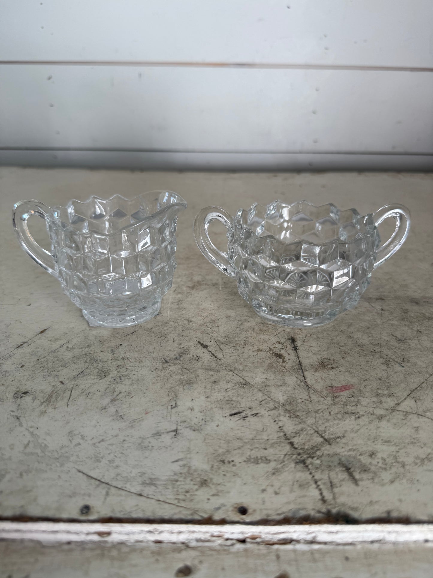 Vintage Fostoria clear glass sugar dish and creamer