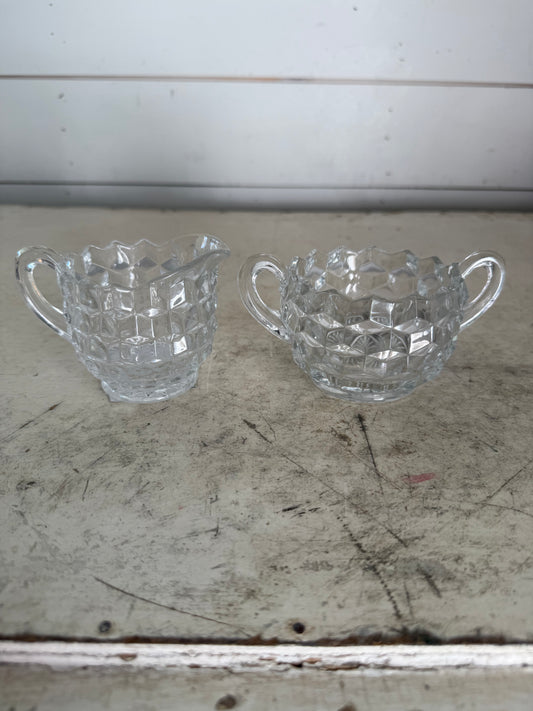 Vintage Fostoria clear glass sugar dish and creamer