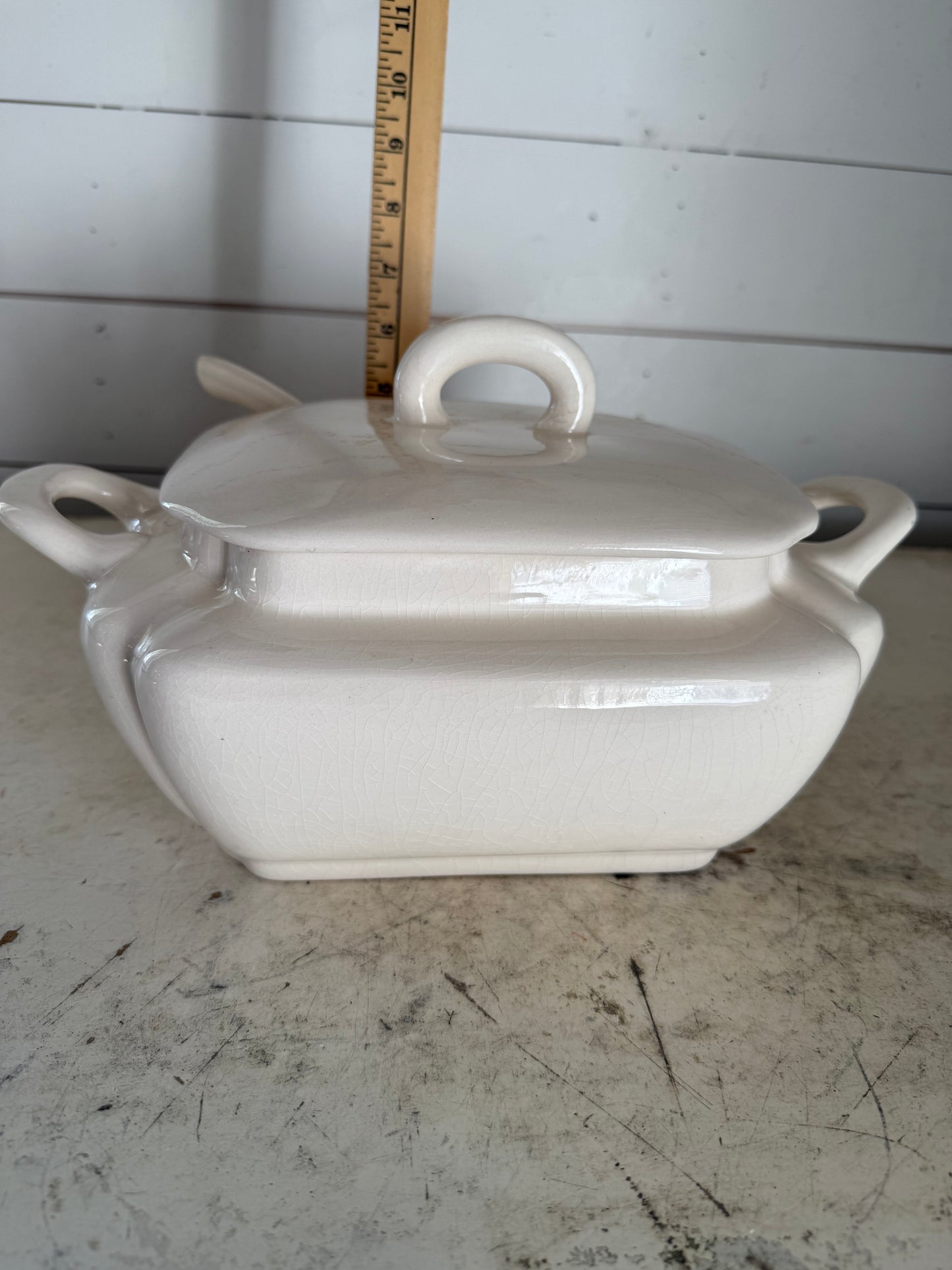 USA Pottery Cream Soup Tureen With Spoon - Has a chip