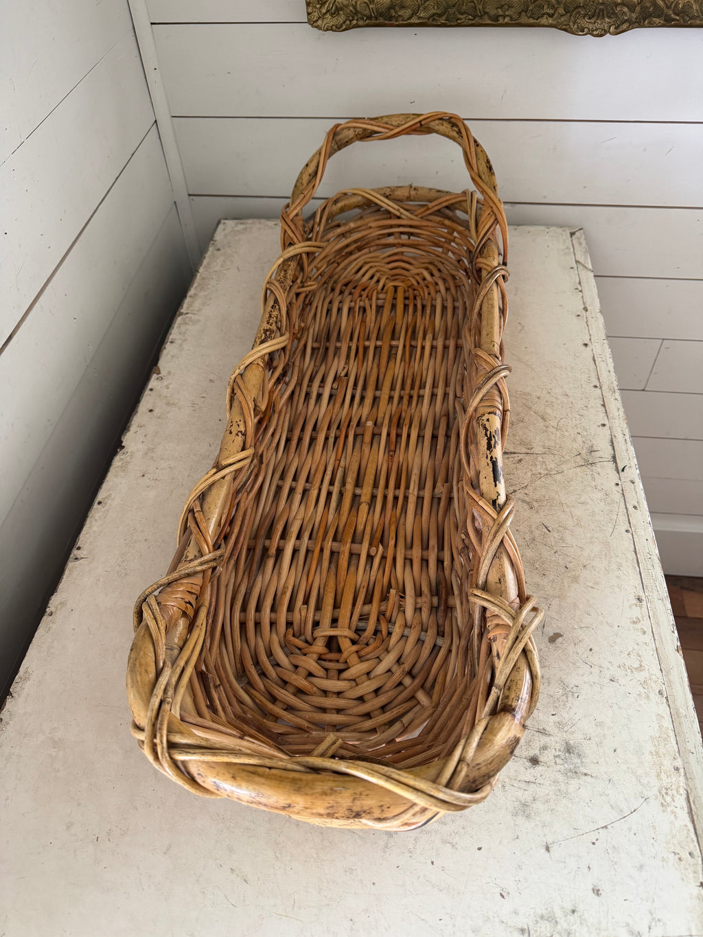 Vintage Cross Woven Oval Basket with Large Handles