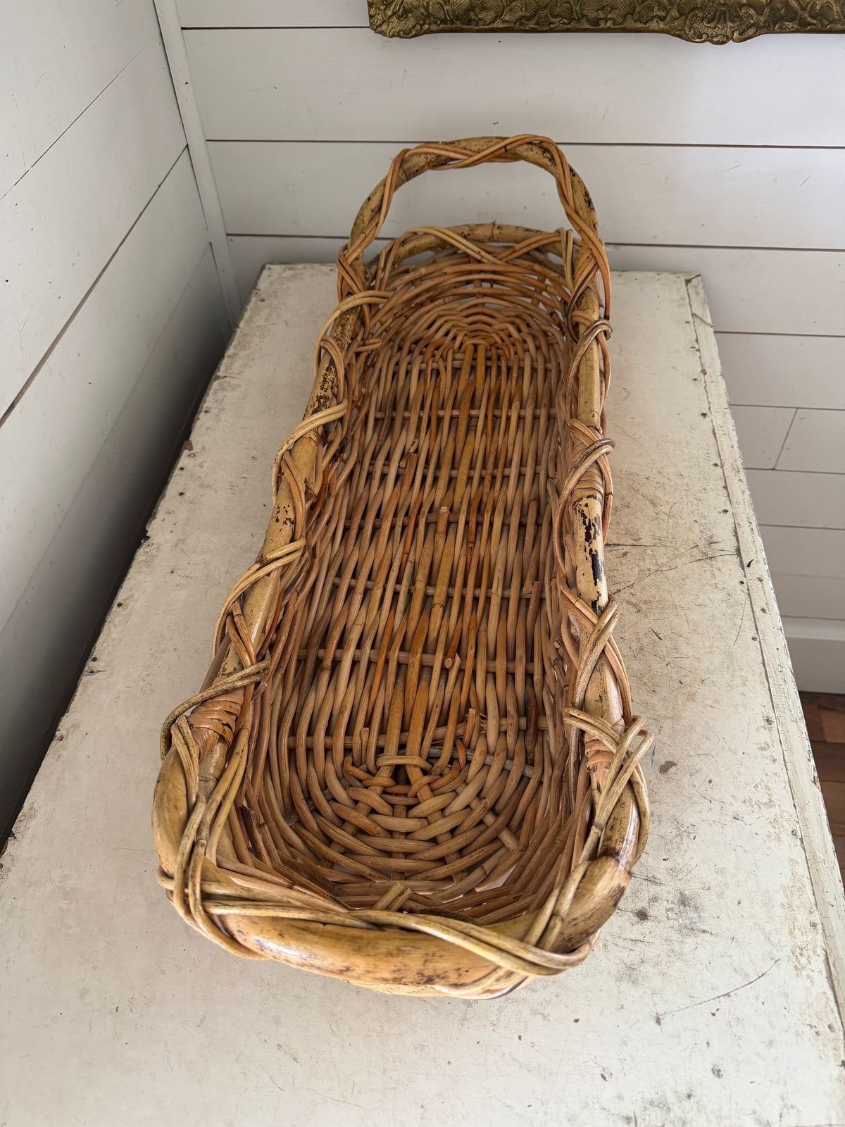 Vintage Cross Woven Oval Basket with Large Handles