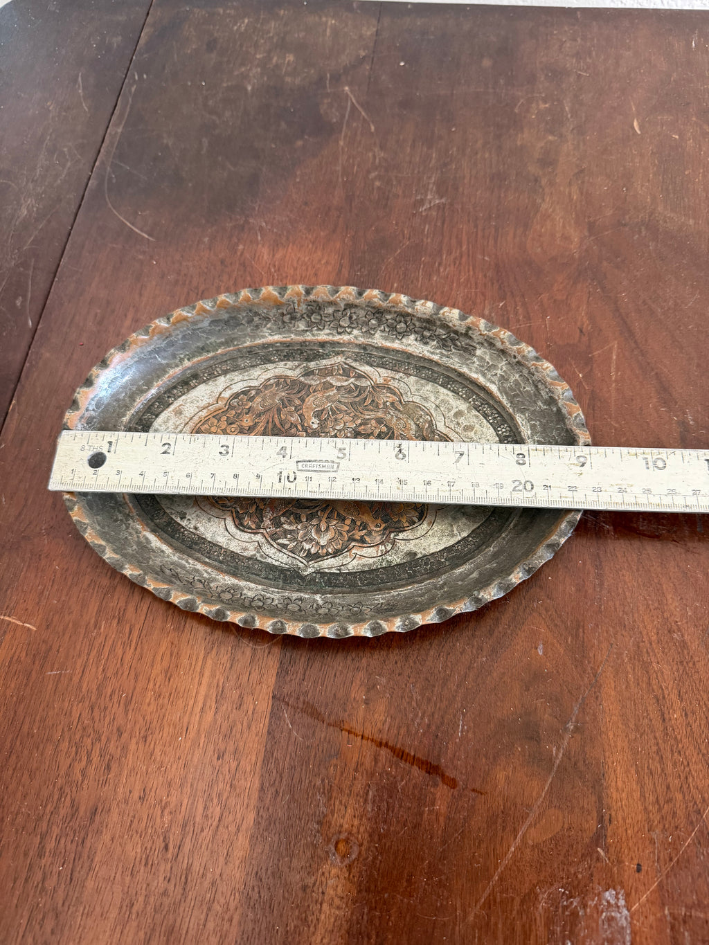Antique Hand Engraved Silver Plate Over Copper Tray