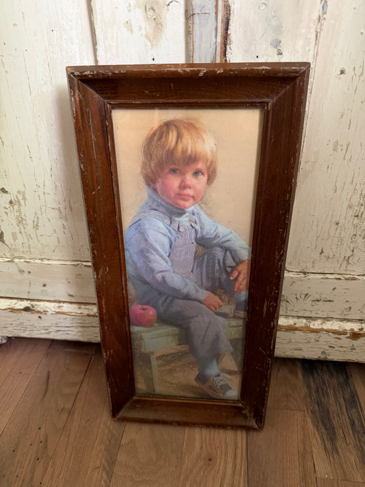 Vintage 1979 James Ingwersen Framed Print "Boy Sitting on Bench w Apple 18”