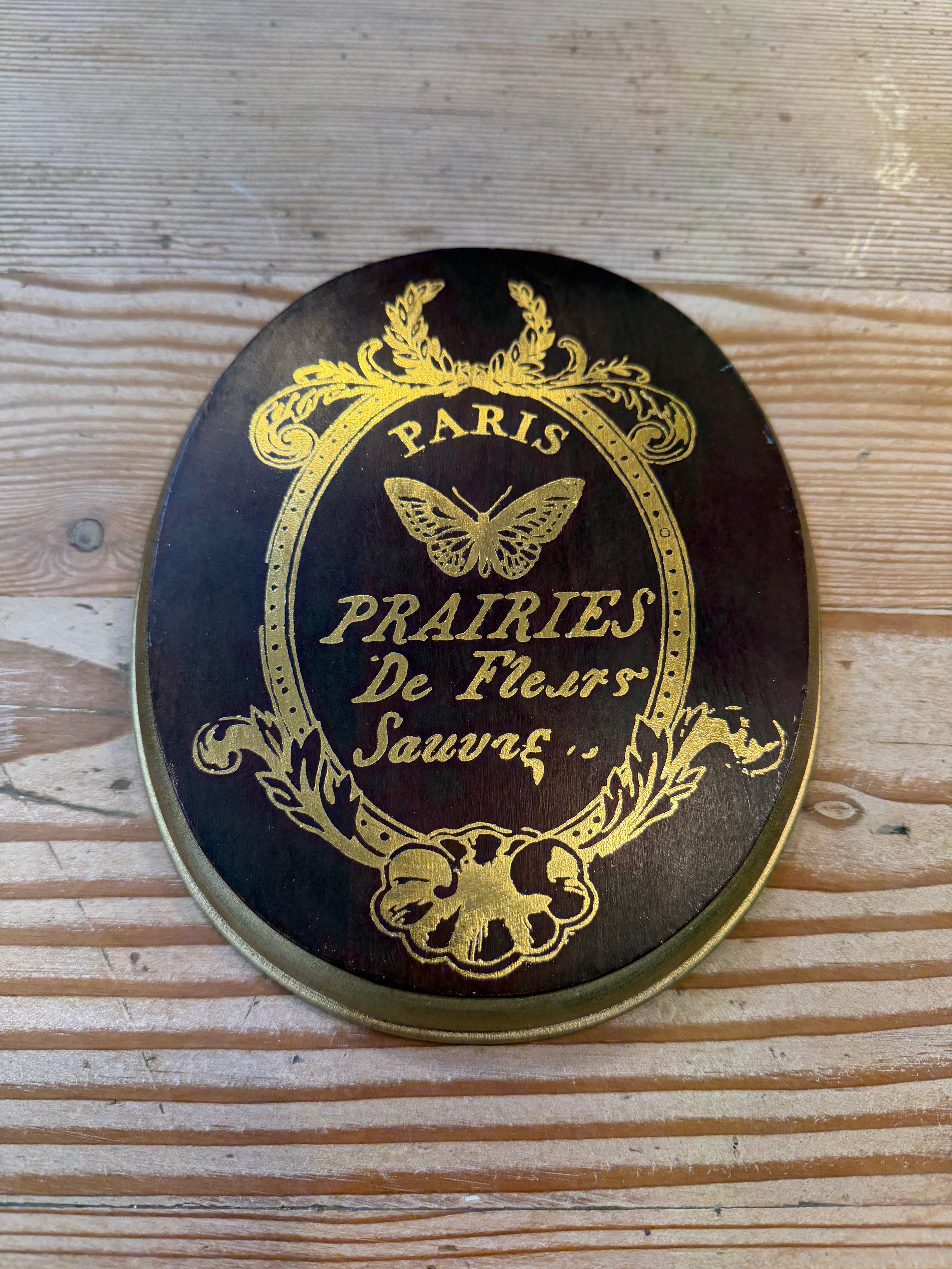 Oval Wood Plaque with Gold Foil PRAIRIES De Fleets Sauvre