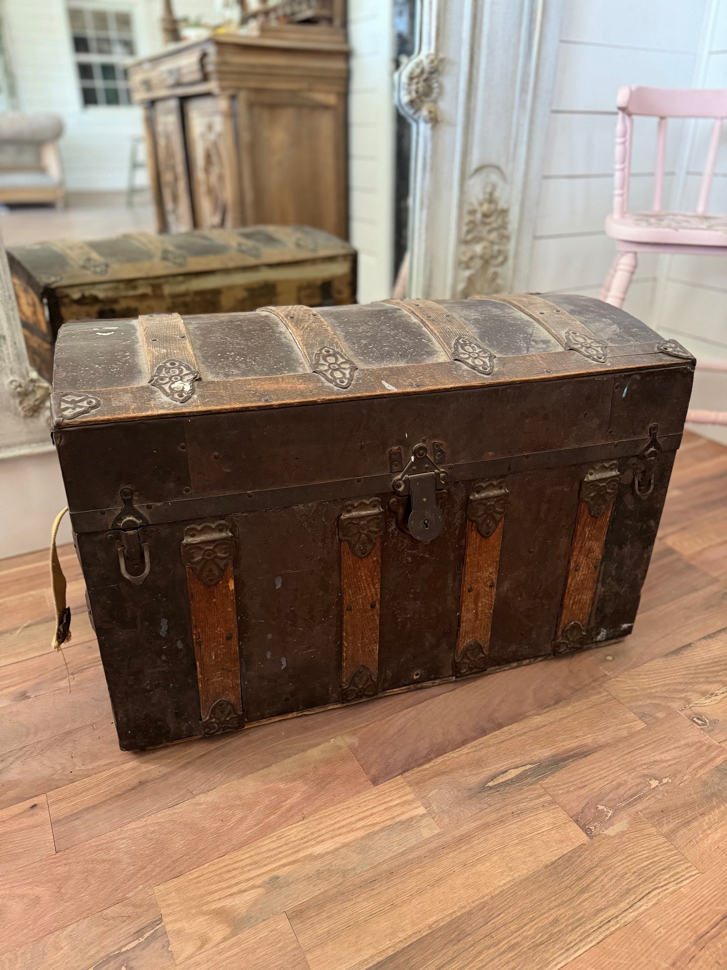 Antique Dome Top Steamer Trunk with wheels