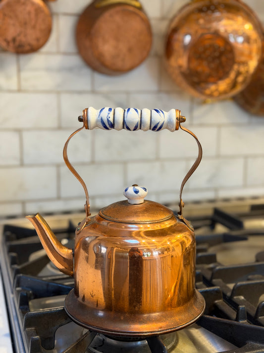 Vintage Copper Tea Kettle, Dutch Style Rustic Kitchen Decor, Ceramic Antique Teapot, Farmhouse Decor