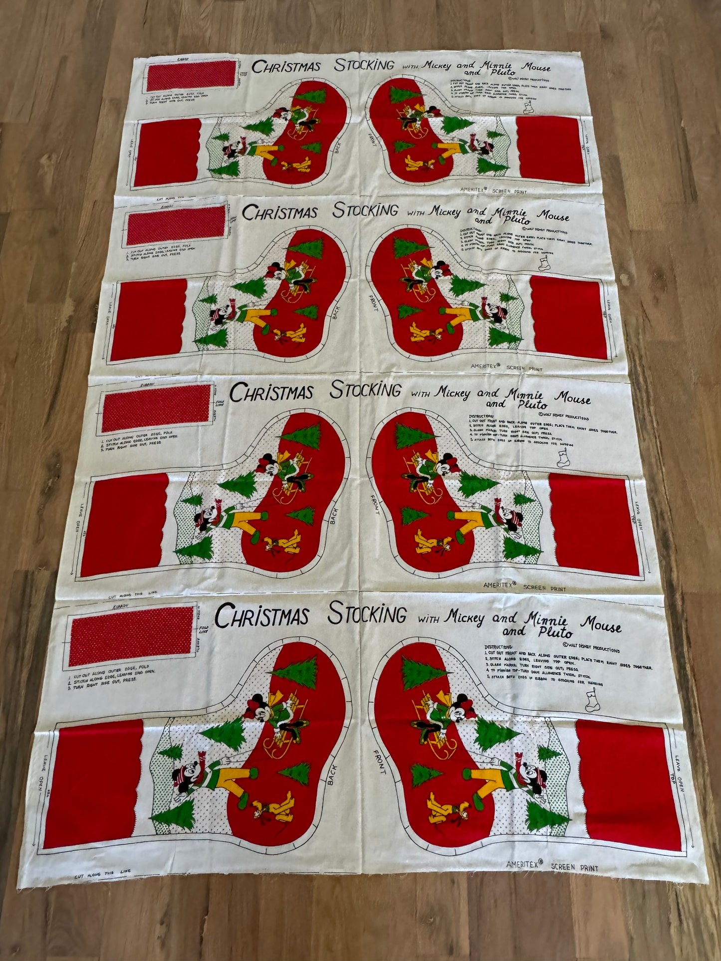 Ended 1970s Walt Disney Christmas Stocking Sewing Pattern Ameritex Minnie Mickey Pluto - four panels as shown