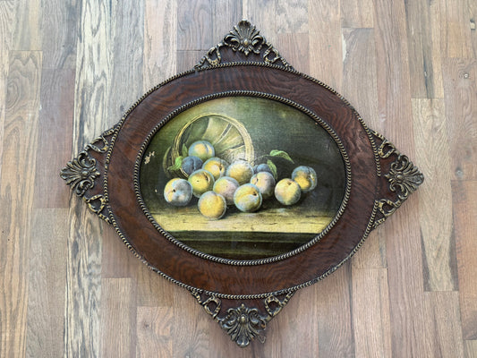 Gorgeous Antique Print Still Life Fruit with Oval Wood Frame