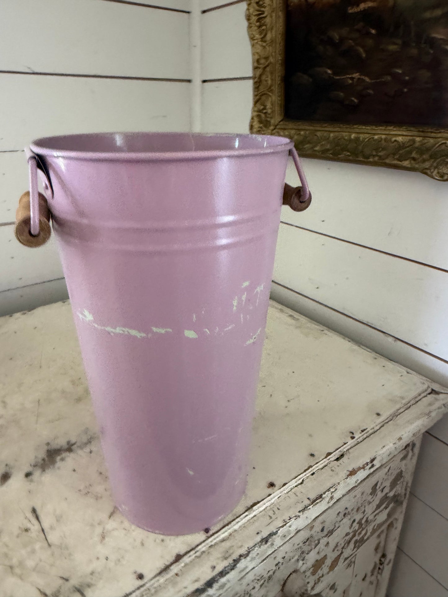 Large French floral bucket with wood handles will get makeover