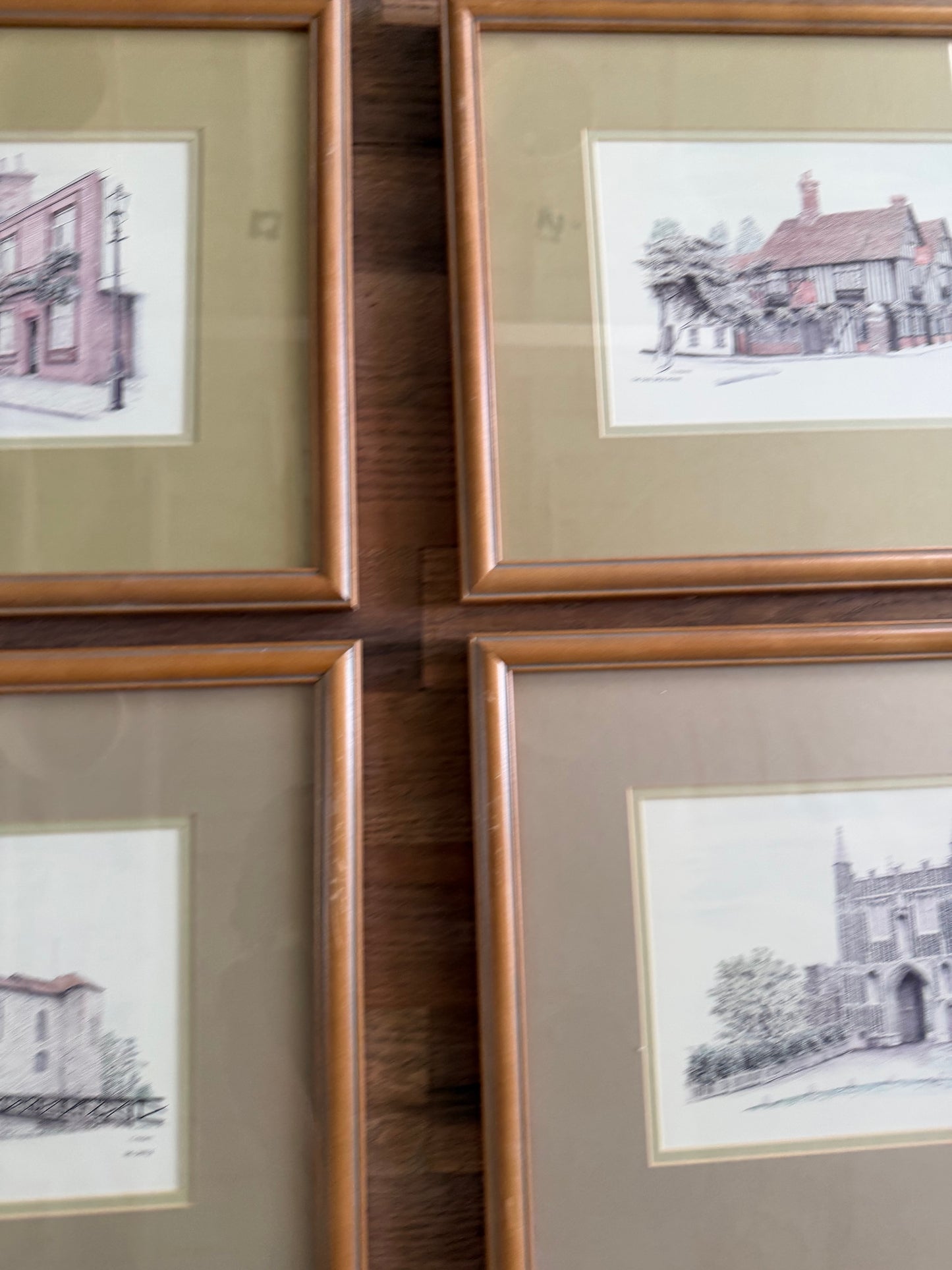 Set of four historic English buildings framed and professionally matted