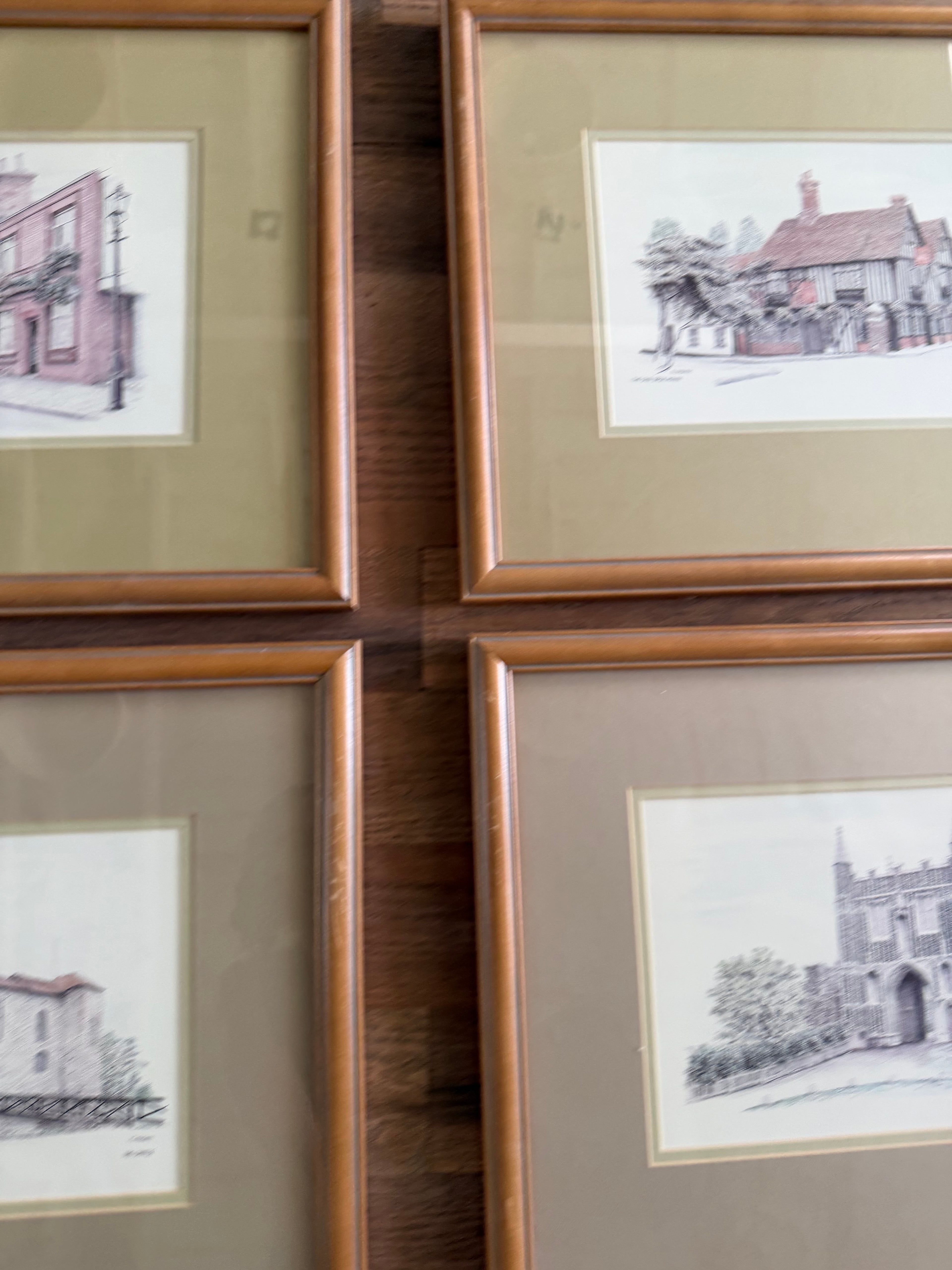 Set of four historic English buildings framed and professionally matted