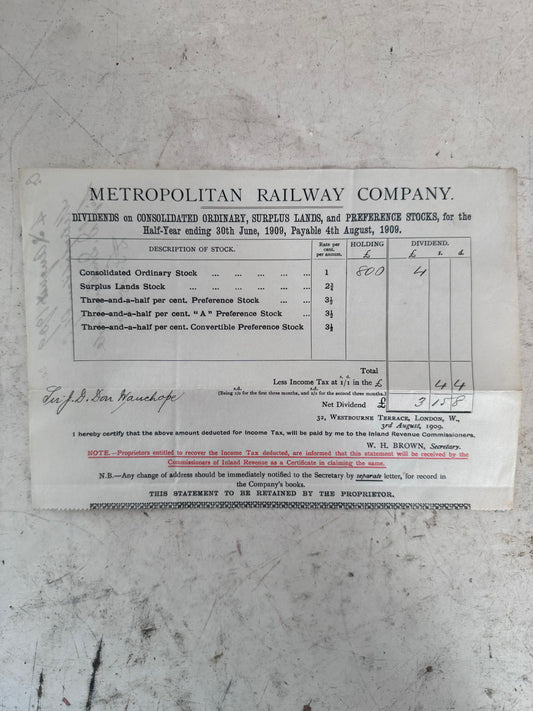 Metropolitan Railway Company Ephemera 1909