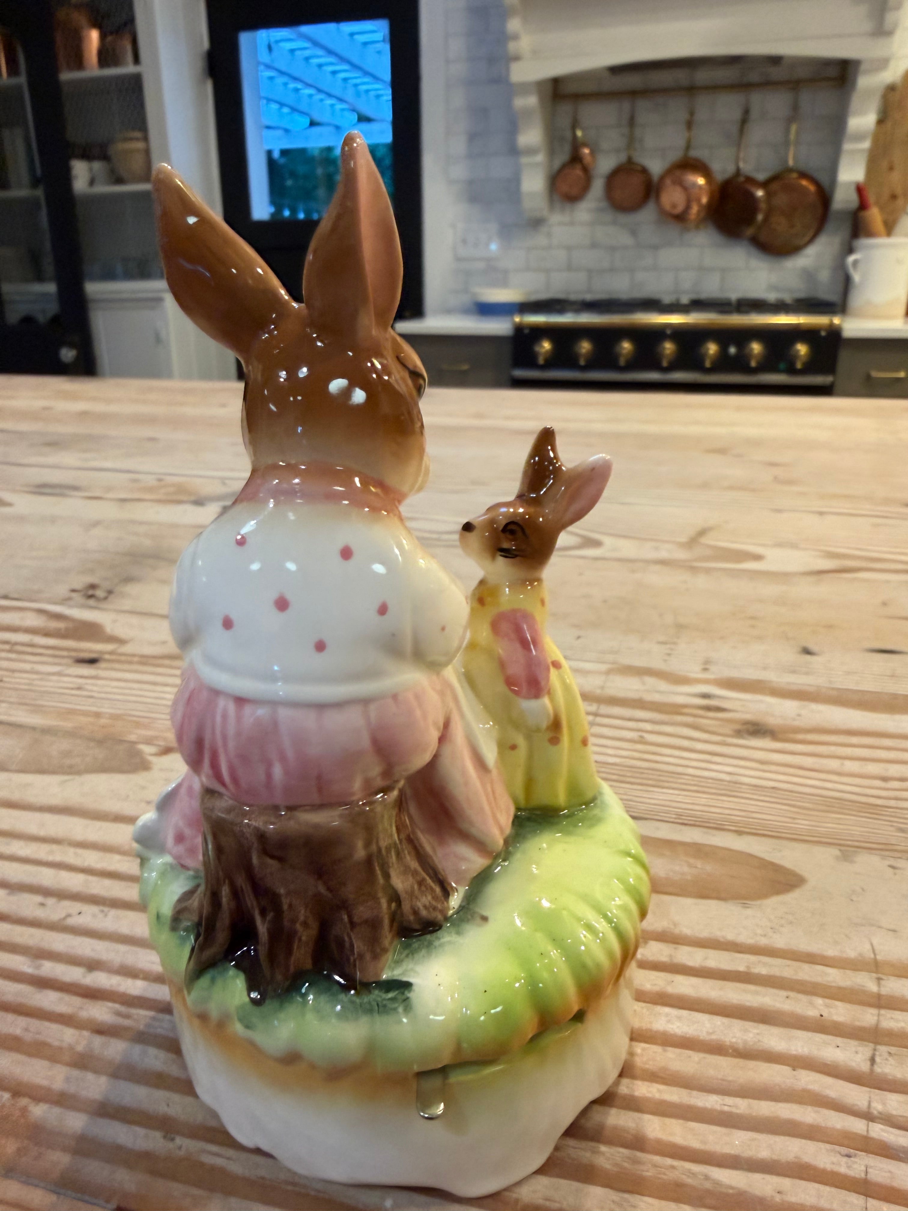 Lefton Bunnies Music Box Collectable Figurine Rabbit 3.25" wide x 6.25" tall