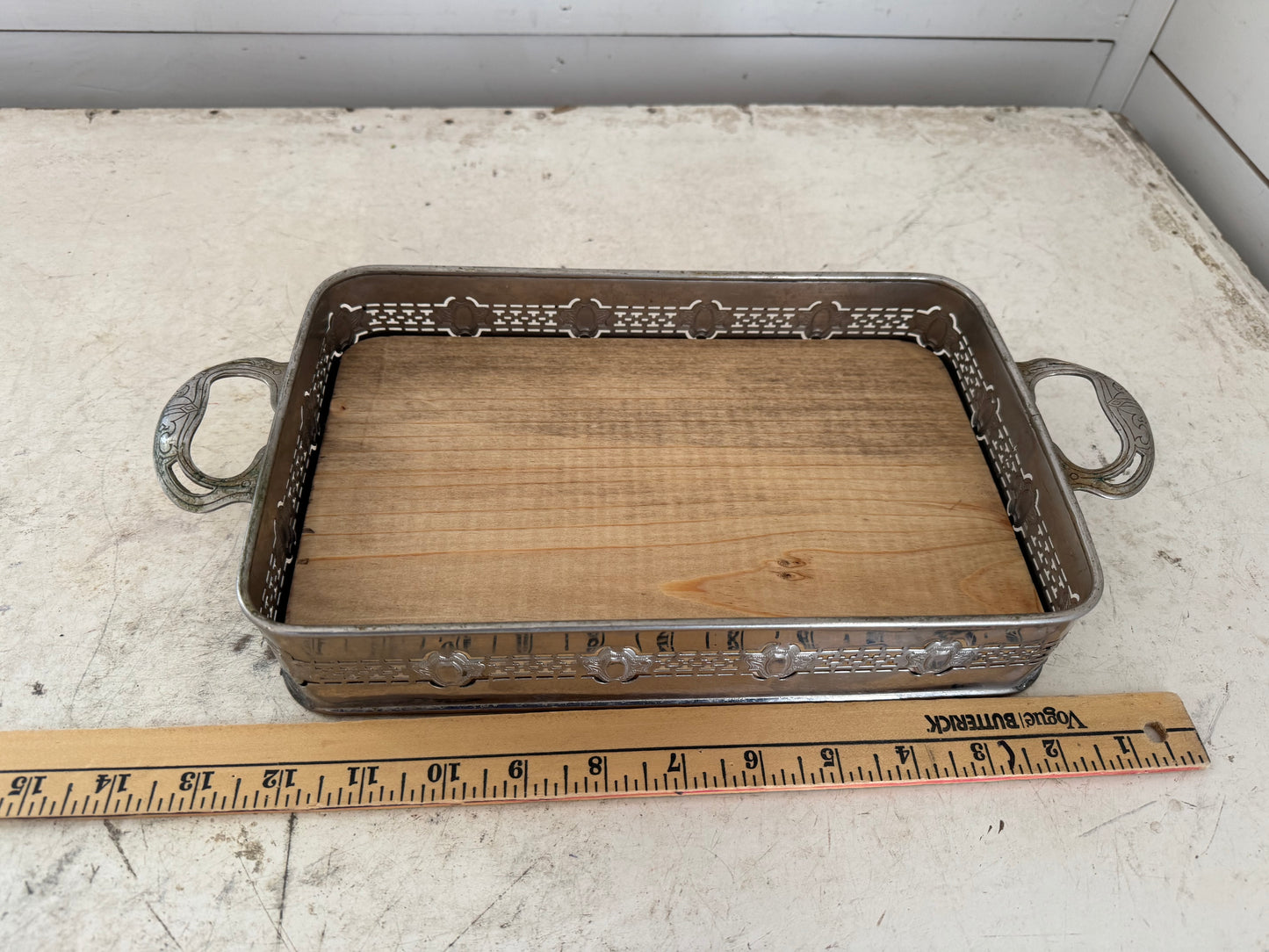 Vintage Tarnished Silver Tray with Wood Bottom